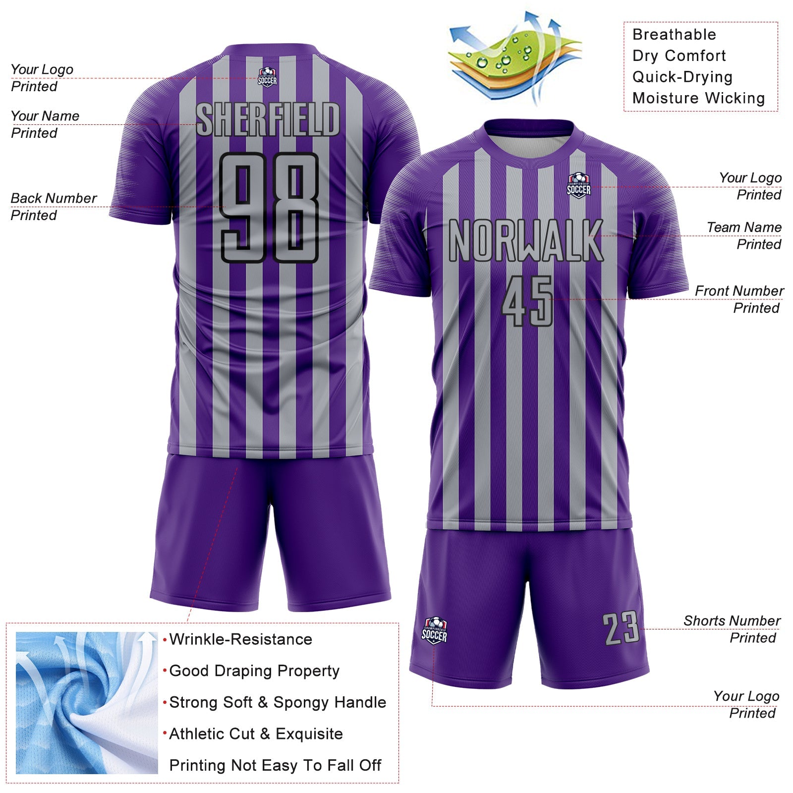 Custom Purple Gray-Black Stripe Sports Sublimation Soccer Uniform Jersey