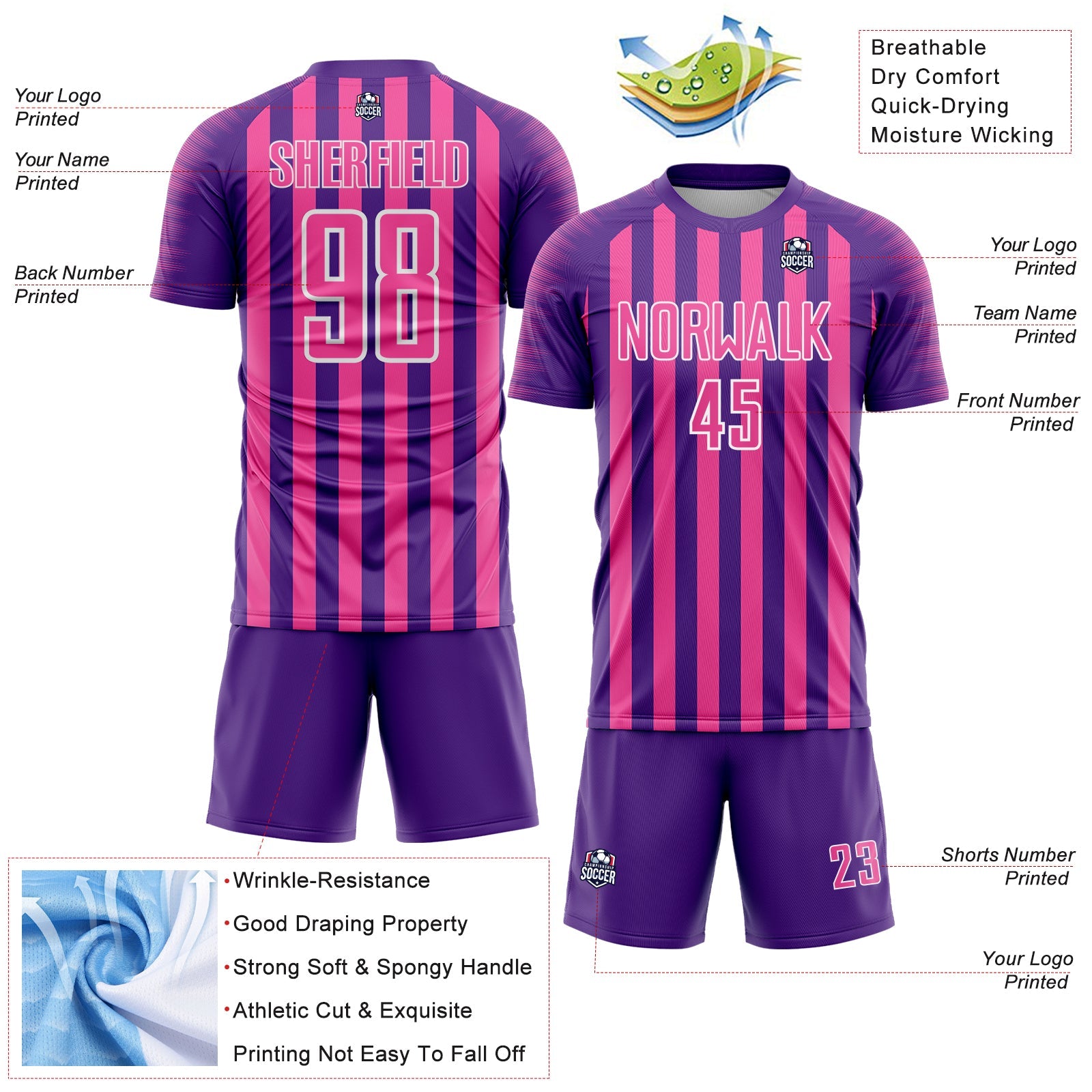 Custom Purple Pink-White Stripe Sports Sublimation Soccer Uniform Jersey