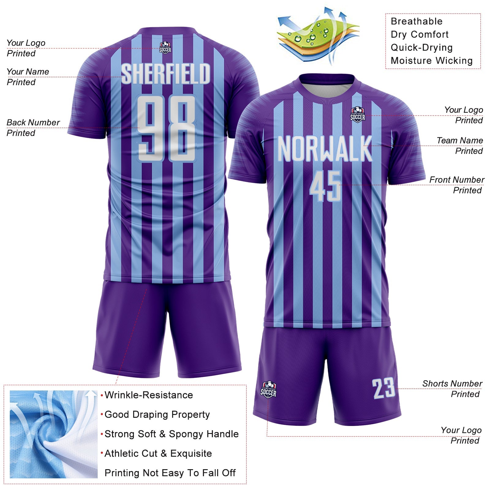 Custom Purple White-Light Blue Stripe Sports Sublimation Soccer Uniform Jersey