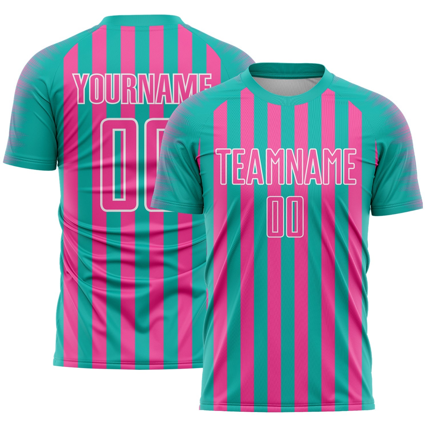 Custom Aqua Pink-White Stripe Sports Sublimation Soccer Uniform Jersey