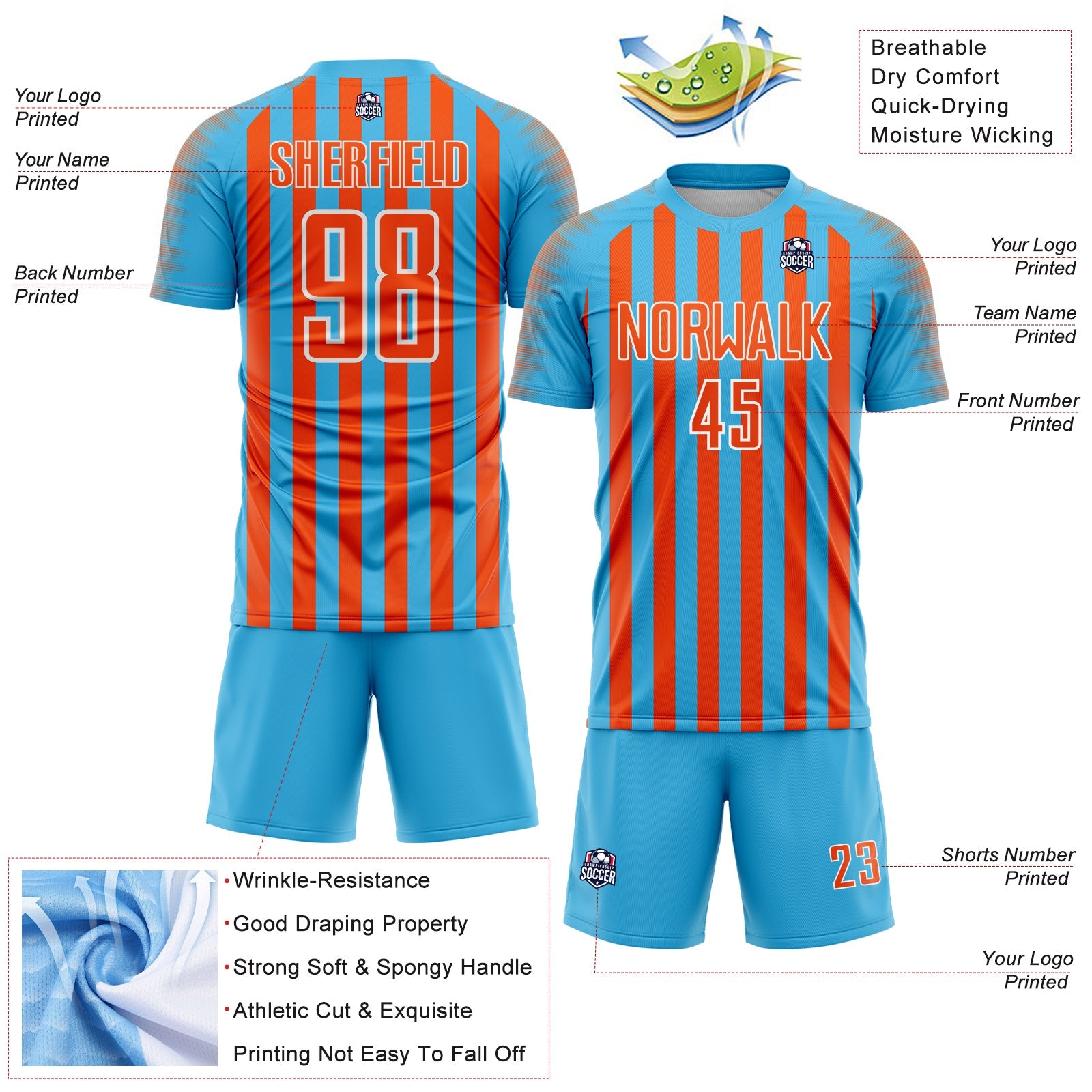 Custom Sky Blue Orange-White Stripe Sports Sublimation Soccer Uniform Jersey