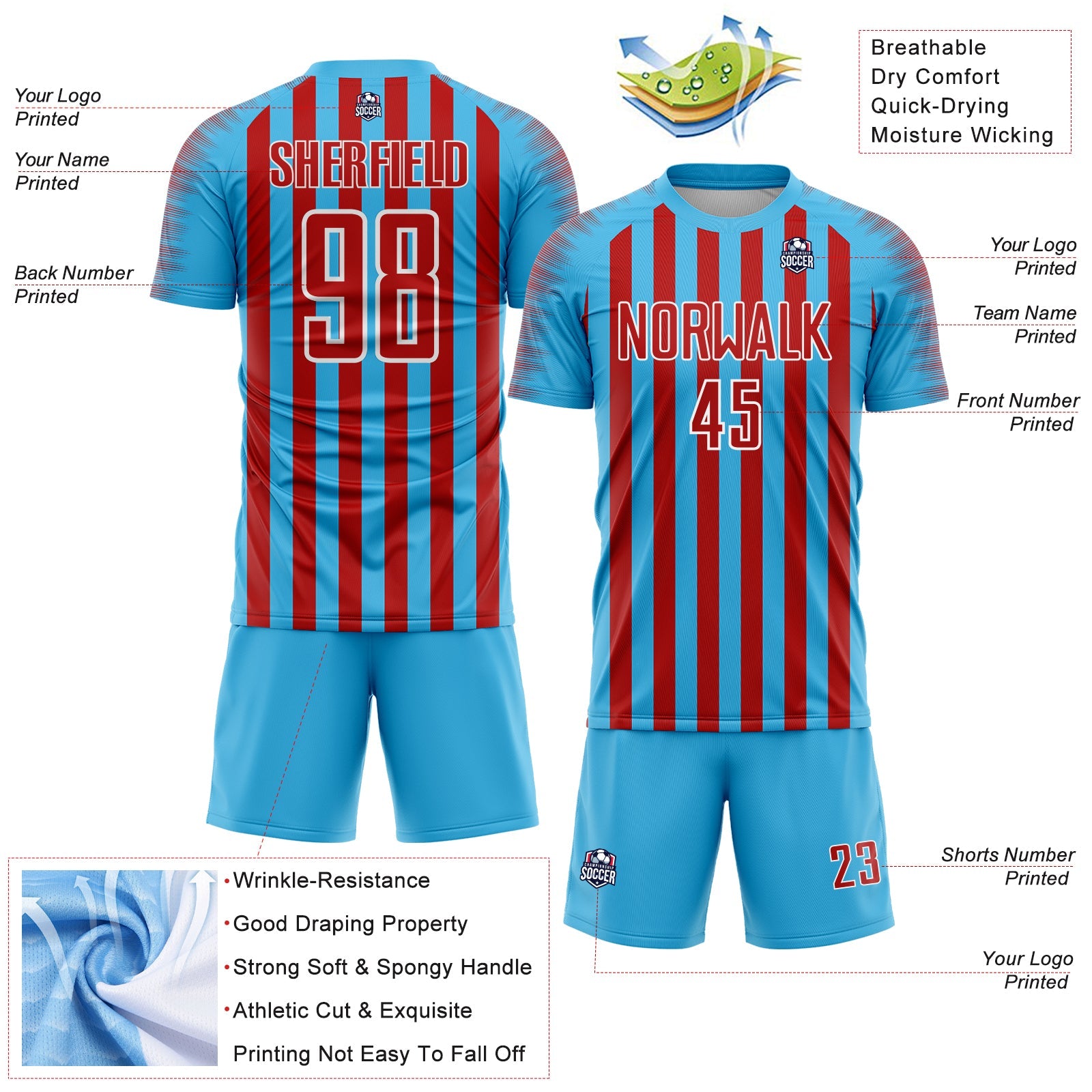 Custom Sky Blue Red-White Stripe Sports Sublimation Soccer Uniform Jersey