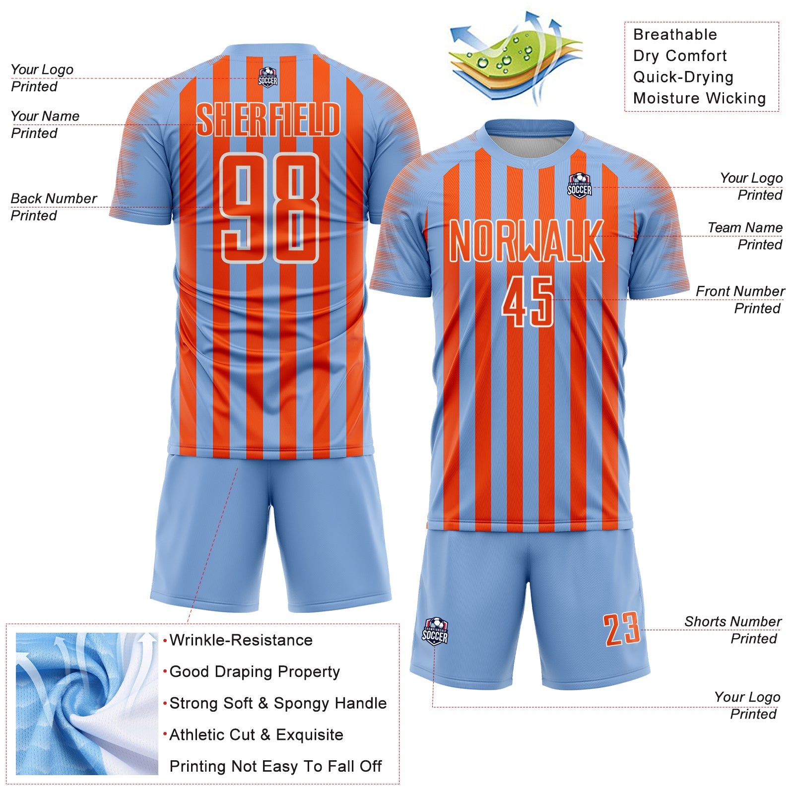 Custom Light Blue Orange-White Stripe Sports Sublimation Soccer Uniform Jersey