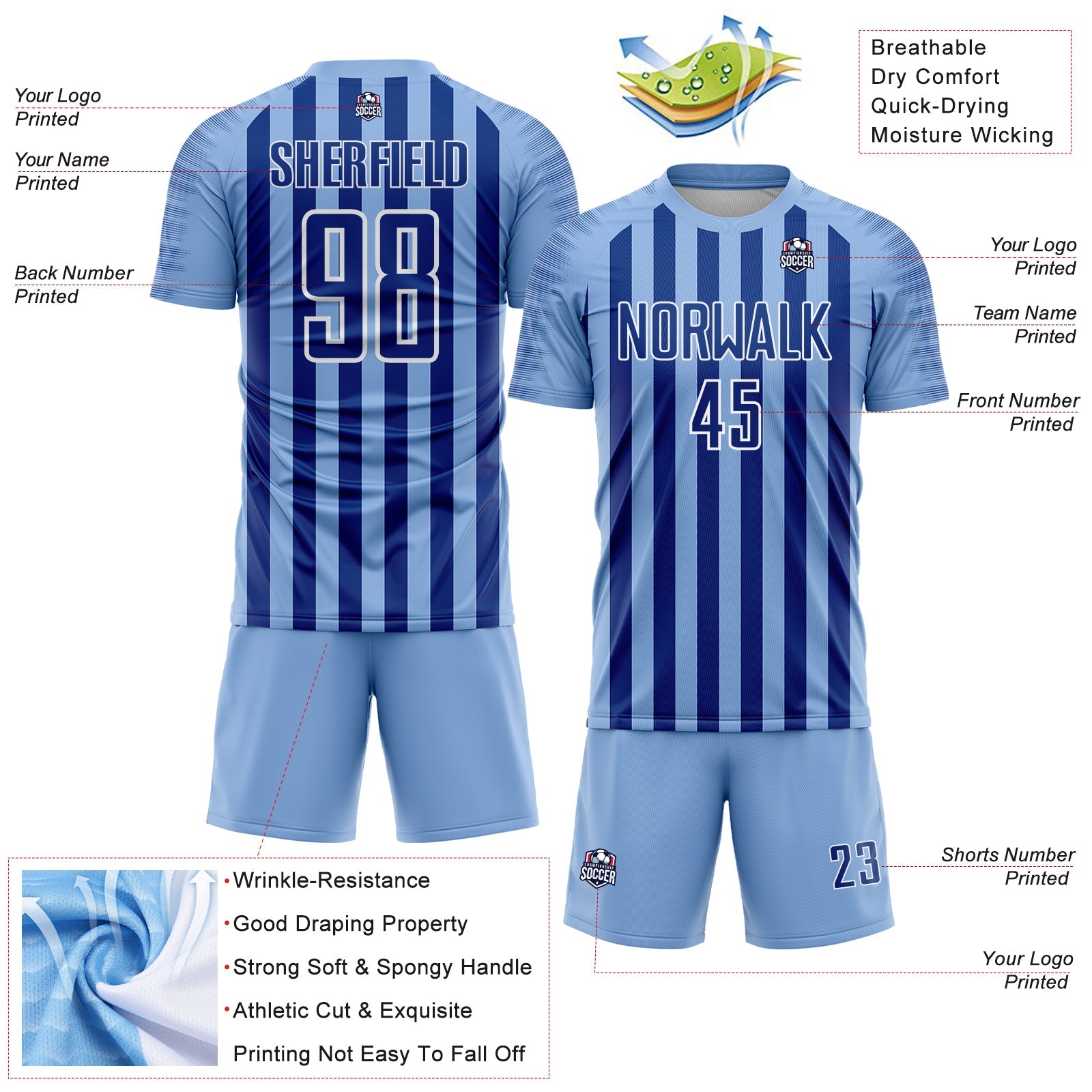 Custom Light Blue Royal-White Stripe Sports Sublimation Soccer Uniform Jersey