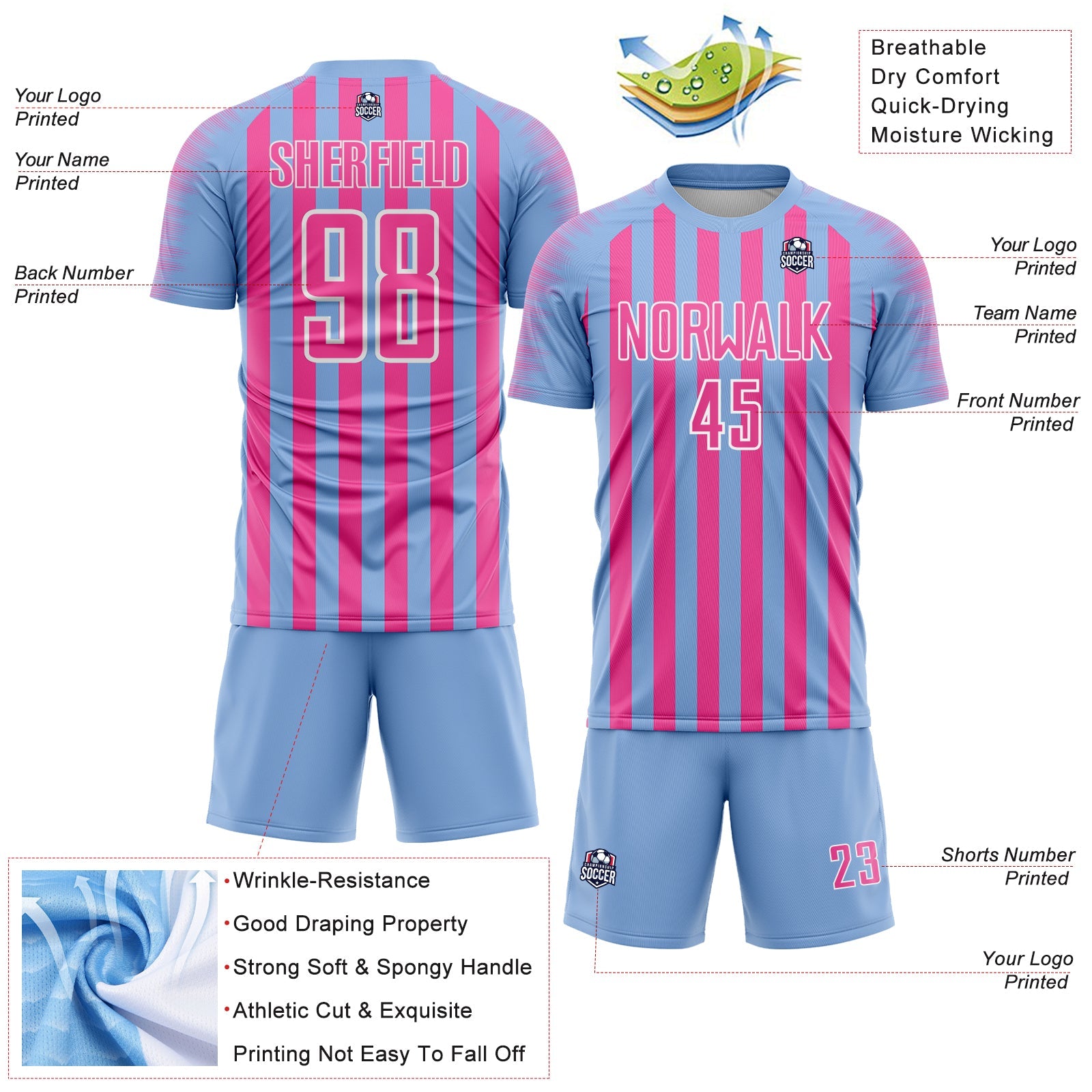 Custom Light Blue Pink-White Stripe Sports Sublimation Soccer Uniform Jersey