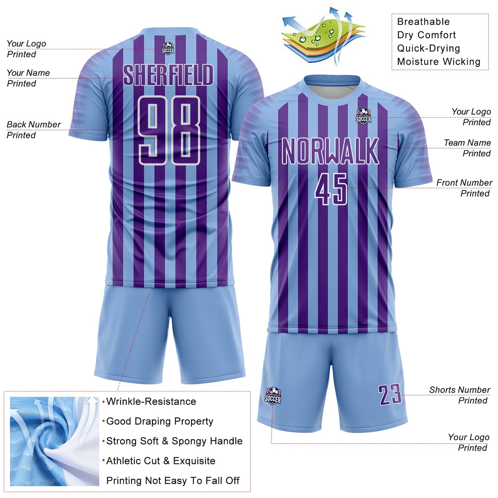 Custom Light Blue Purple-White Stripe Sports Sublimation Soccer Uniform Jersey