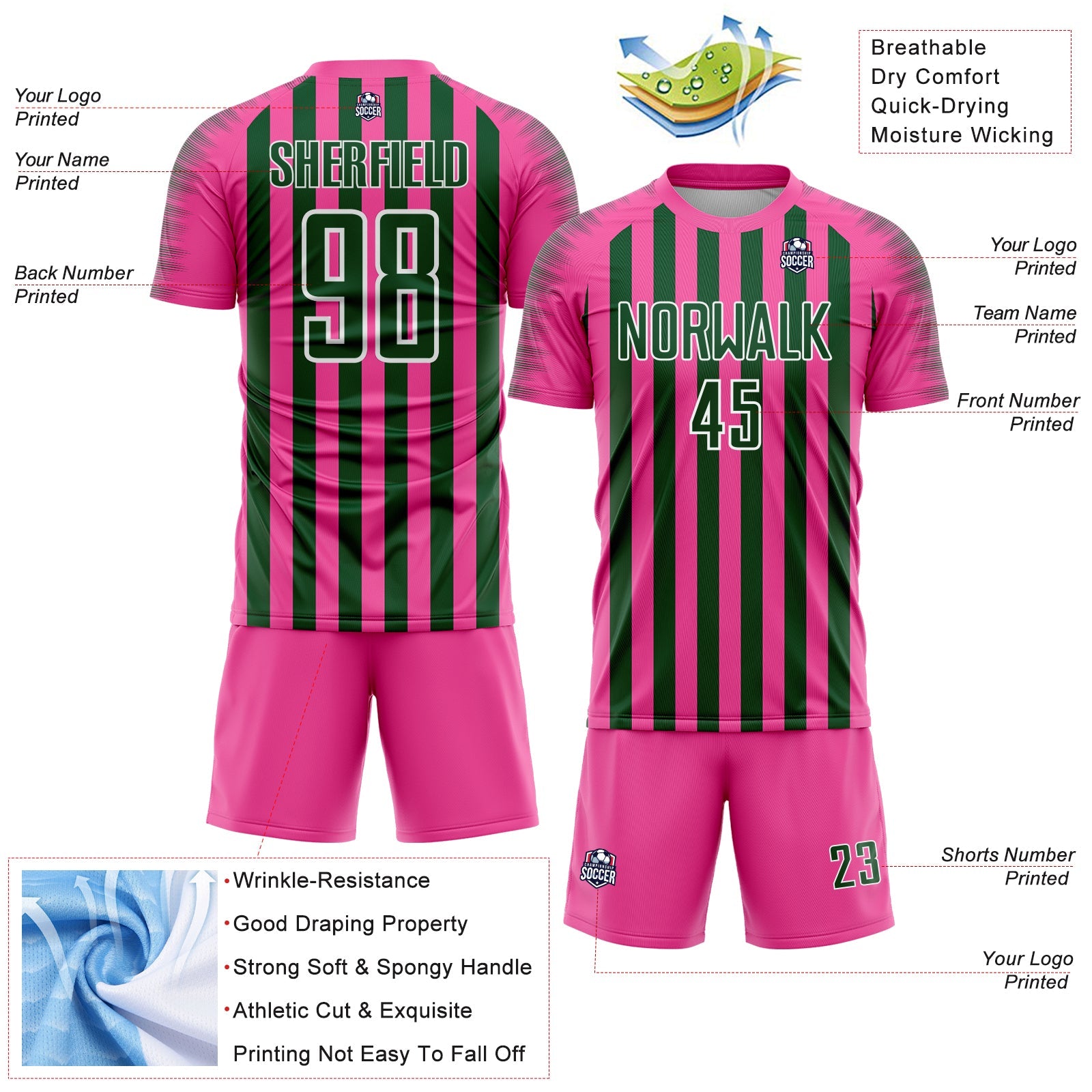 Custom Pink Green-White Stripe Sports Sublimation Soccer Uniform Jersey
