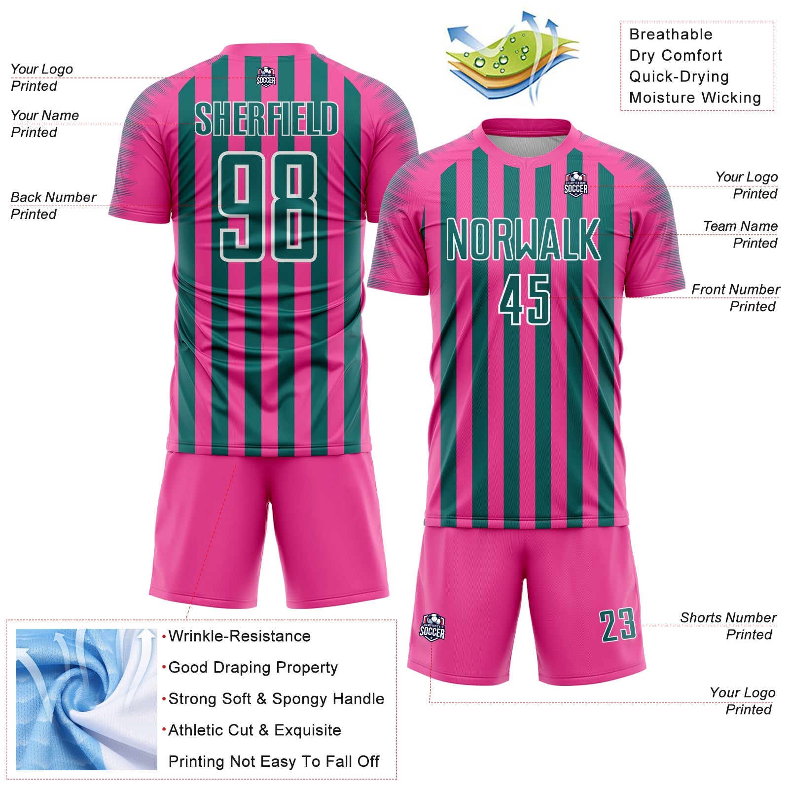 Custom Pink Teal-White Stripe Sports Sublimation Soccer Uniform Jersey