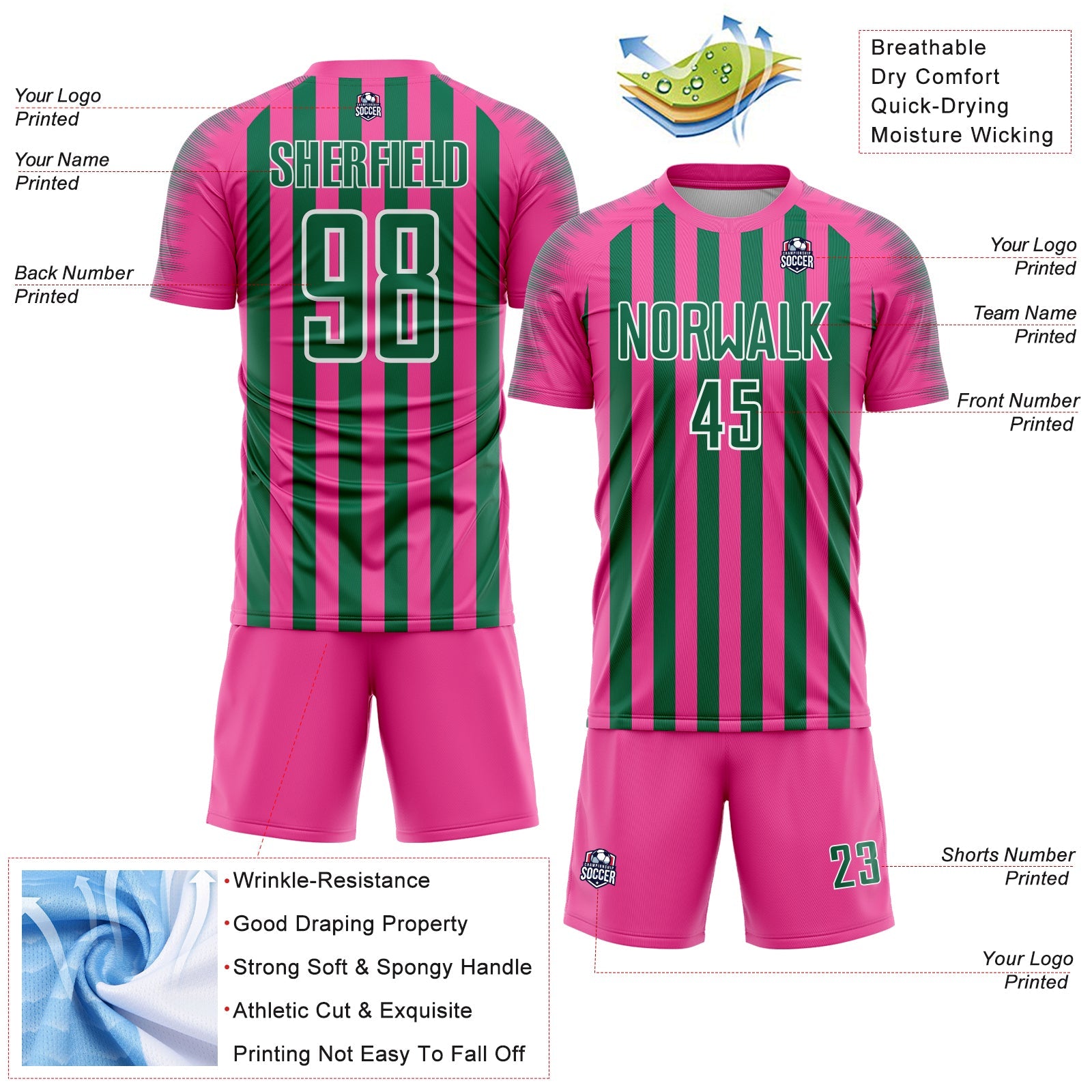 Custom Pink Kelly Green-White Stripe Sports Sublimation Soccer Uniform Jersey
