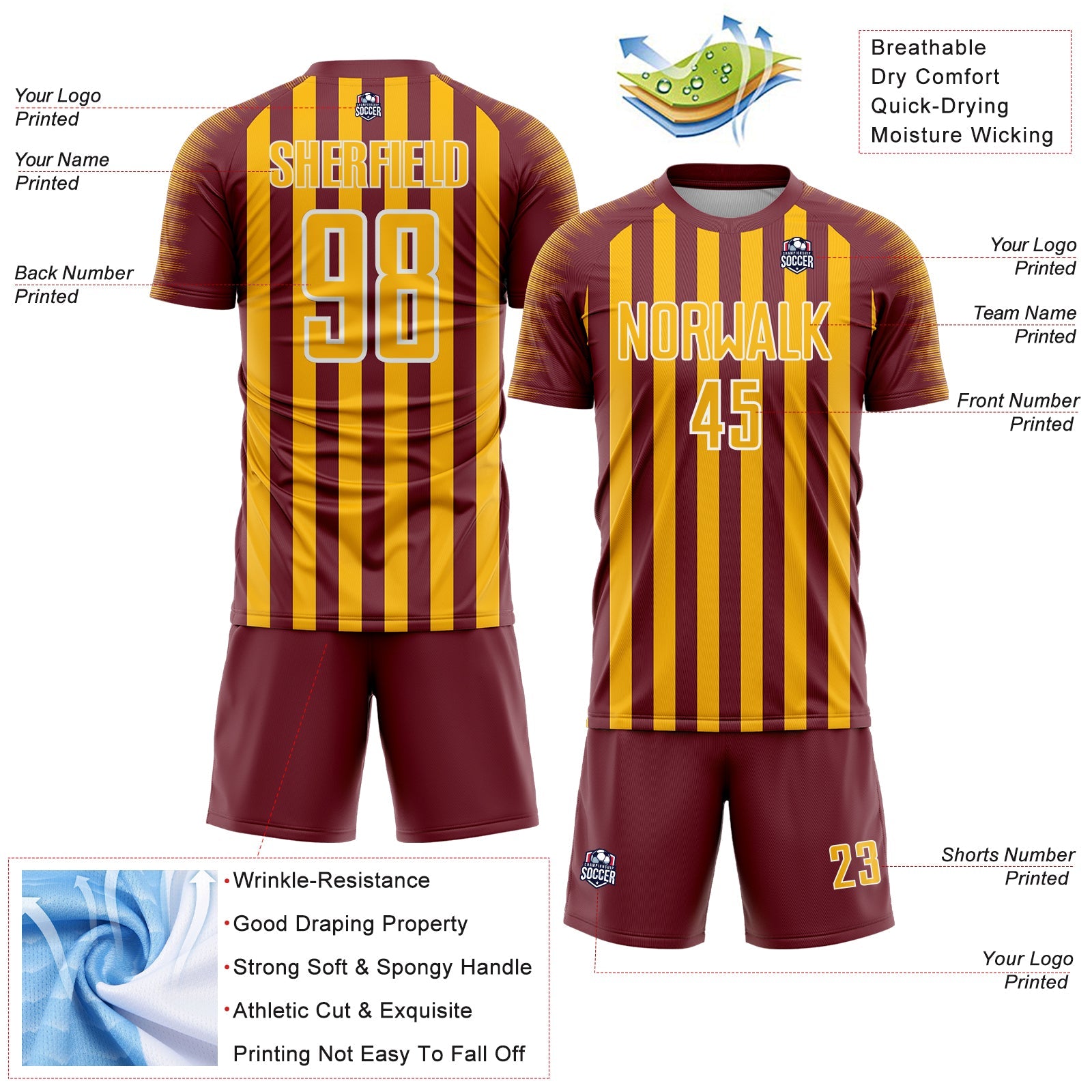 Custom Burgundy Gold-White Stripe Sports Sublimation Soccer Uniform Jersey