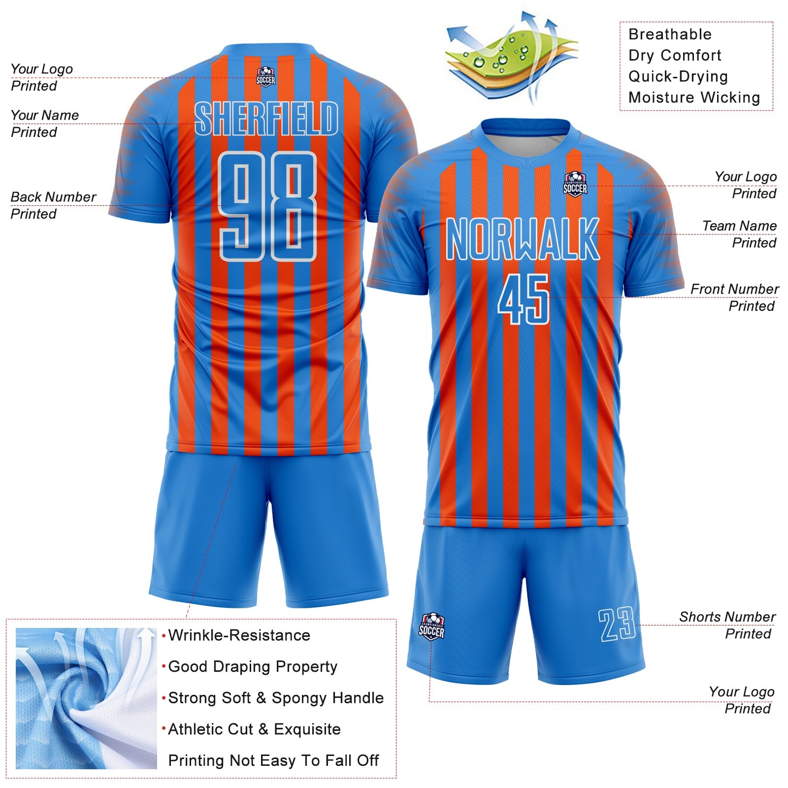 Custom Powder Blue Orange-White Stripe Sports Sublimation Soccer Uniform Jersey