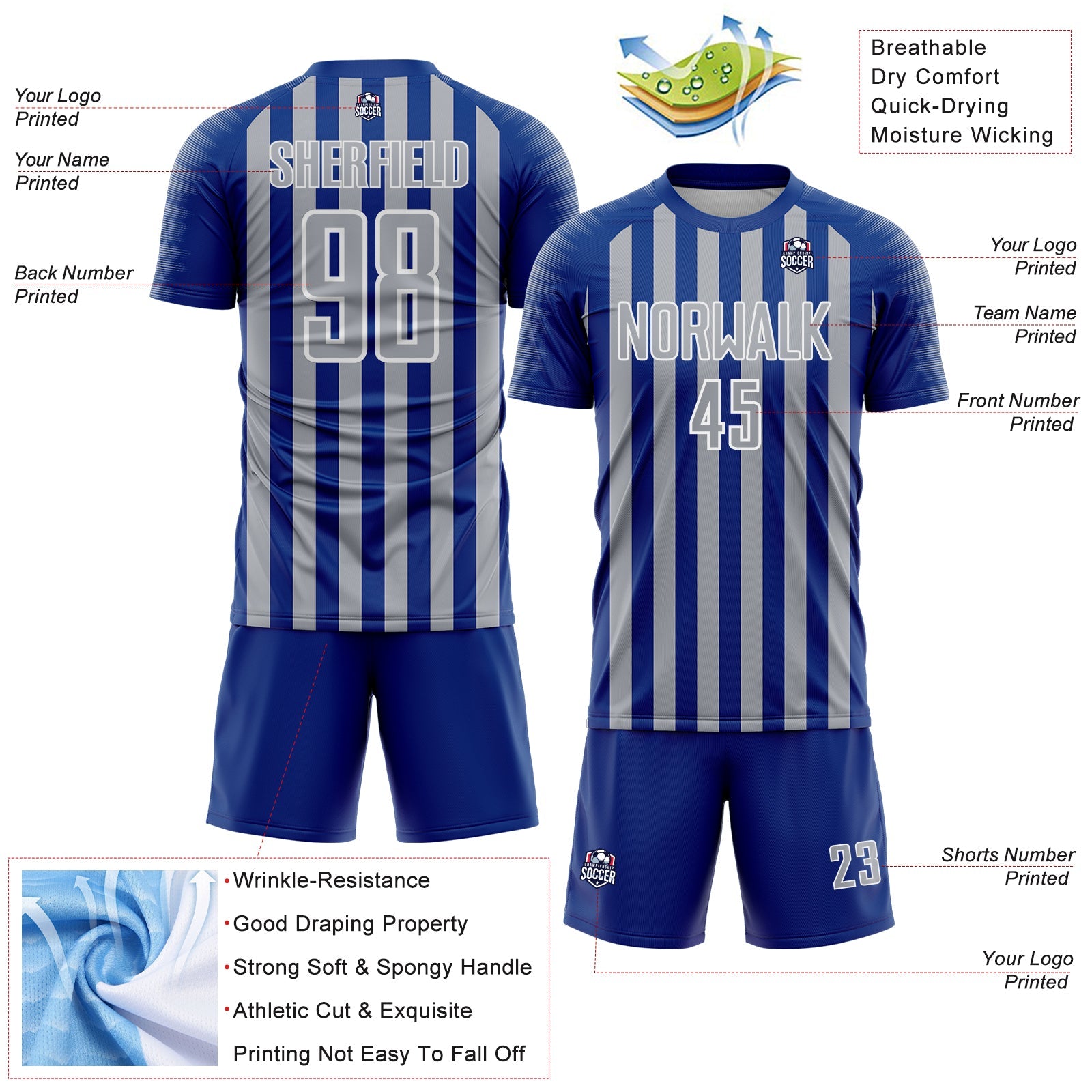 Custom Royal Gray-White Stripe Sports Sublimation Soccer Uniform Jersey