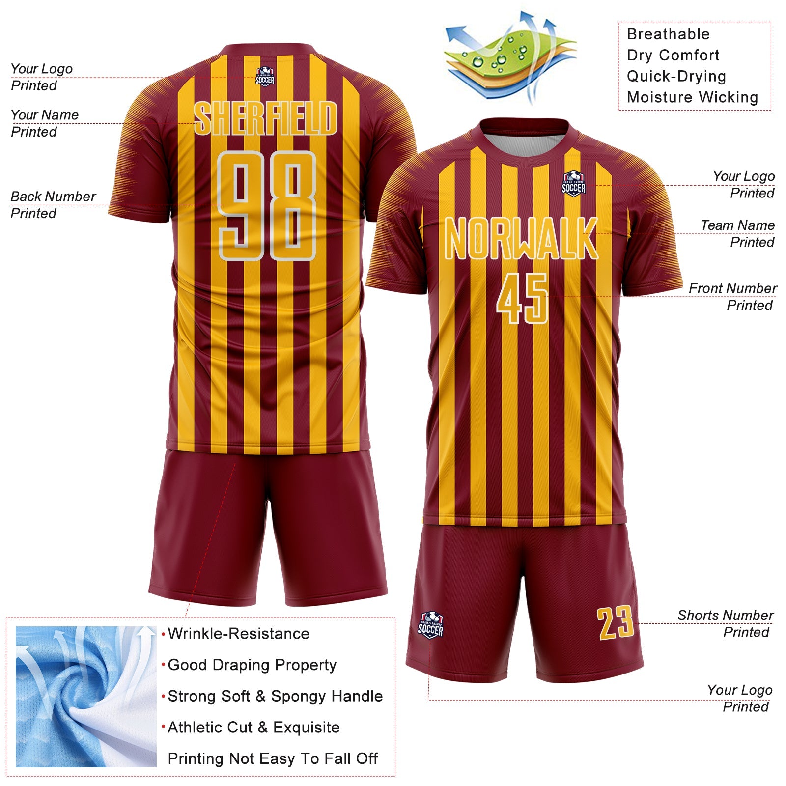 Custom Crimson Gold-White Stripe Sports Sublimation Soccer Uniform Jersey