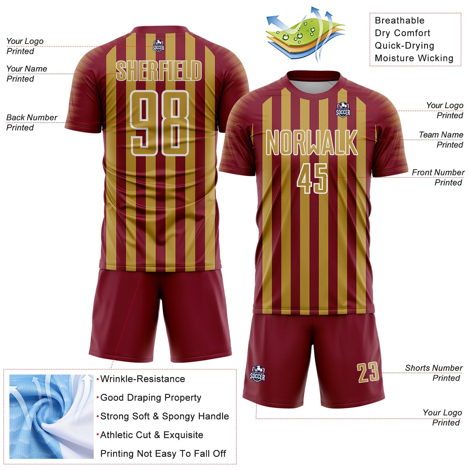 Custom Crimson Old Gold-White Stripe Sports Sublimation Soccer Uniform Jersey