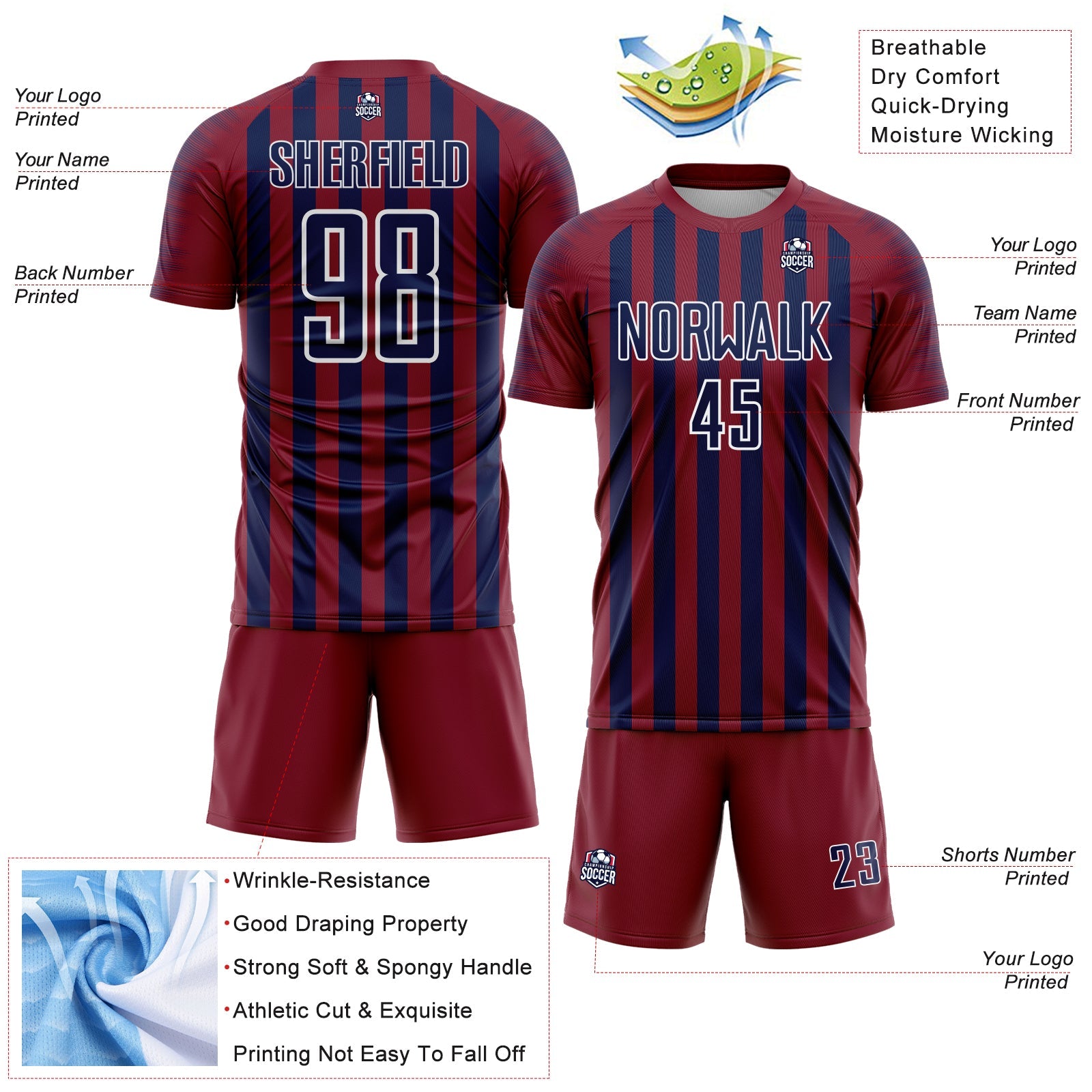 Custom Crimson Navy-White Stripe Sports Sublimation Soccer Uniform Jersey