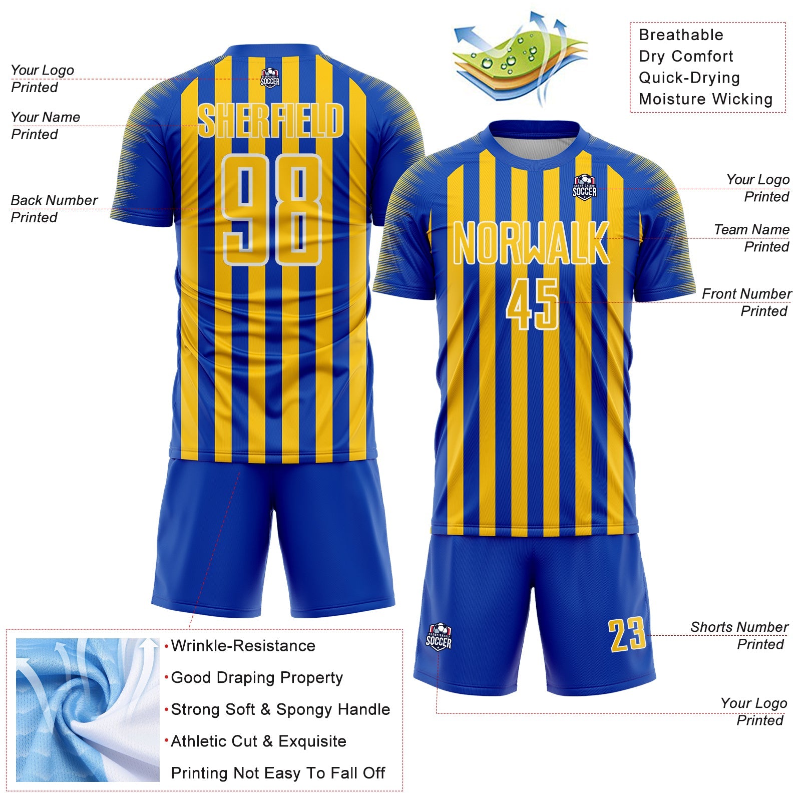 Custom Thunder Blue Yellow-White Stripe Sports Sublimation Soccer Uniform Jersey