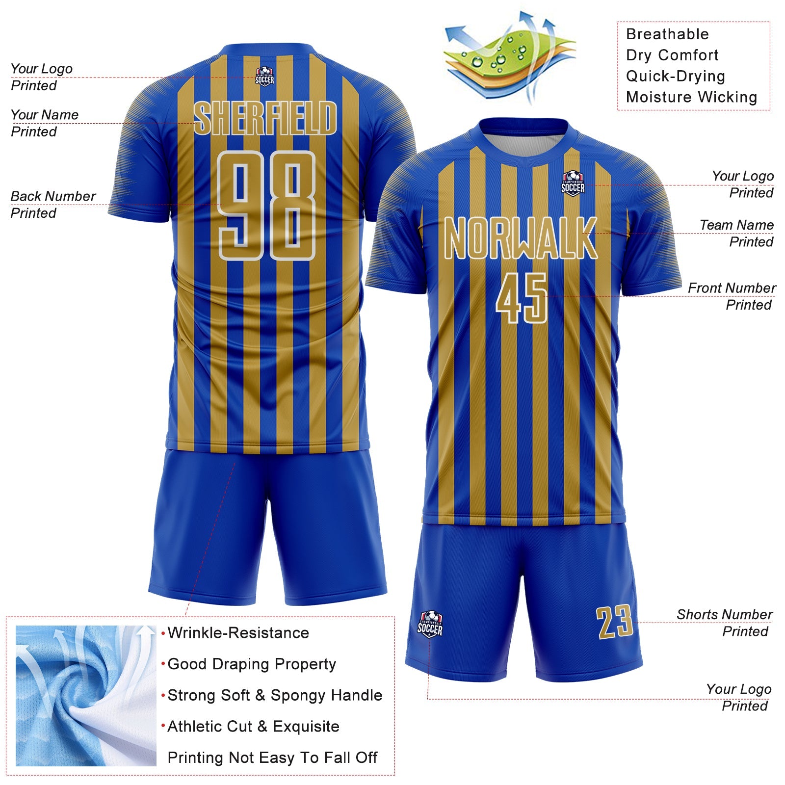 Custom Thunder Blue Old Gold-White Stripe Sports Sublimation Soccer Uniform Jersey