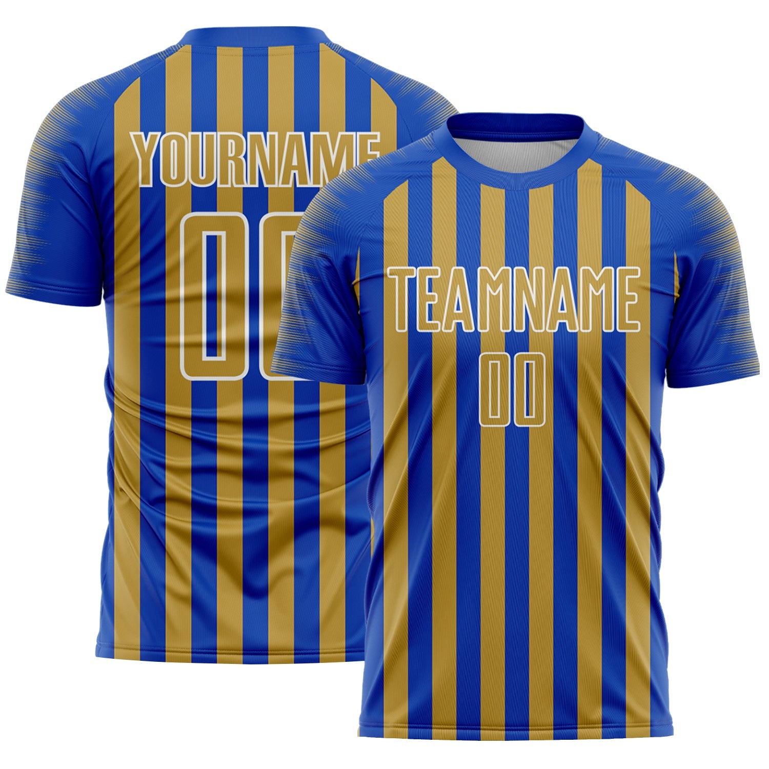 Custom Thunder Blue Old Gold-White Stripe Sports Sublimation Soccer Uniform Jersey