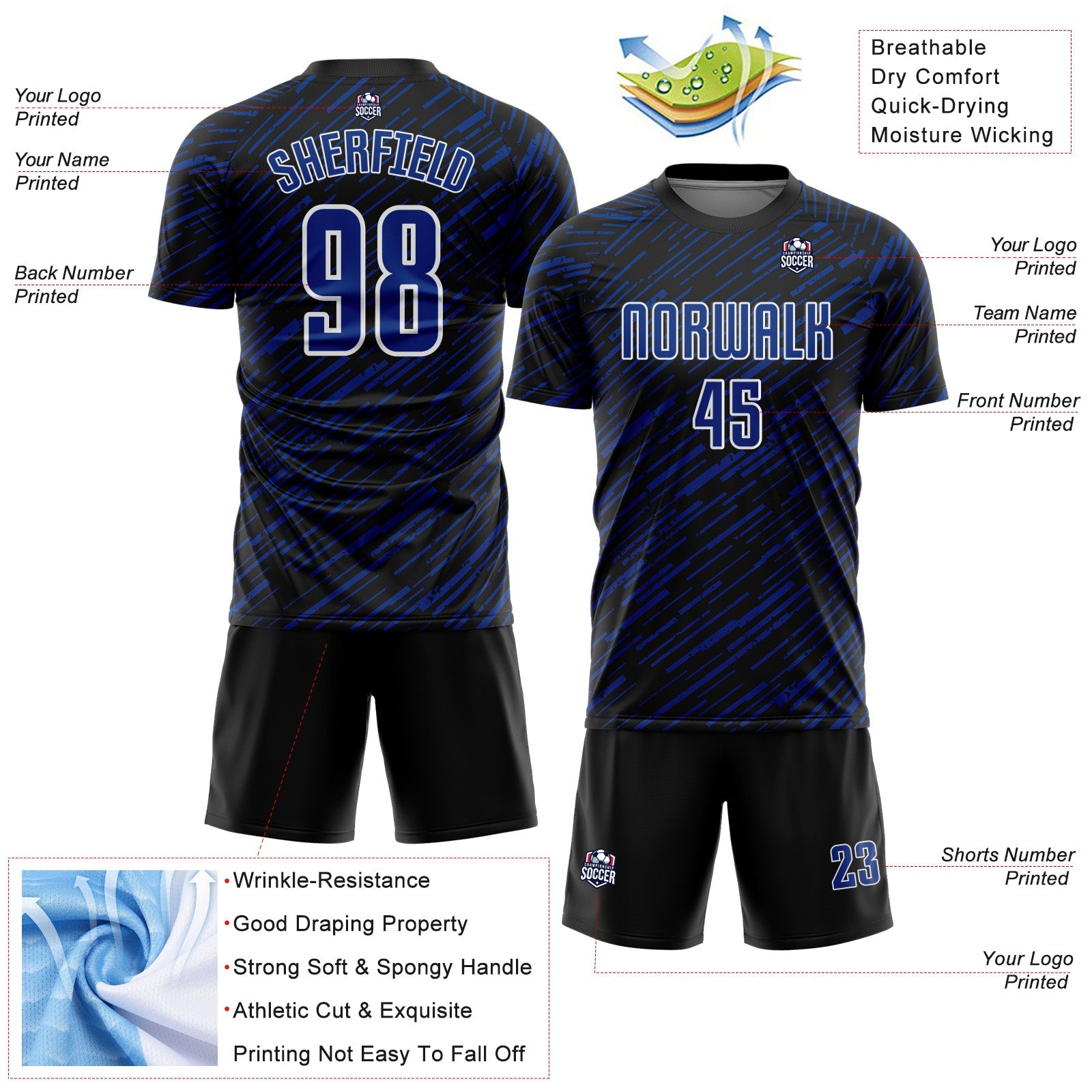 Custom Black Royal-White Line Sports Sublimation Soccer Uniform Jersey