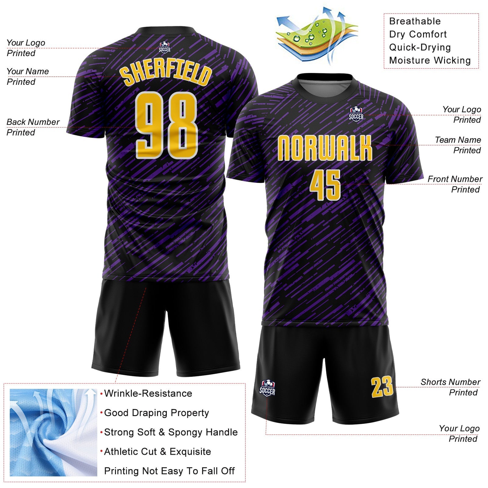 Custom Black Yellow Purple-White Line Sports Sublimation Soccer Uniform Jersey