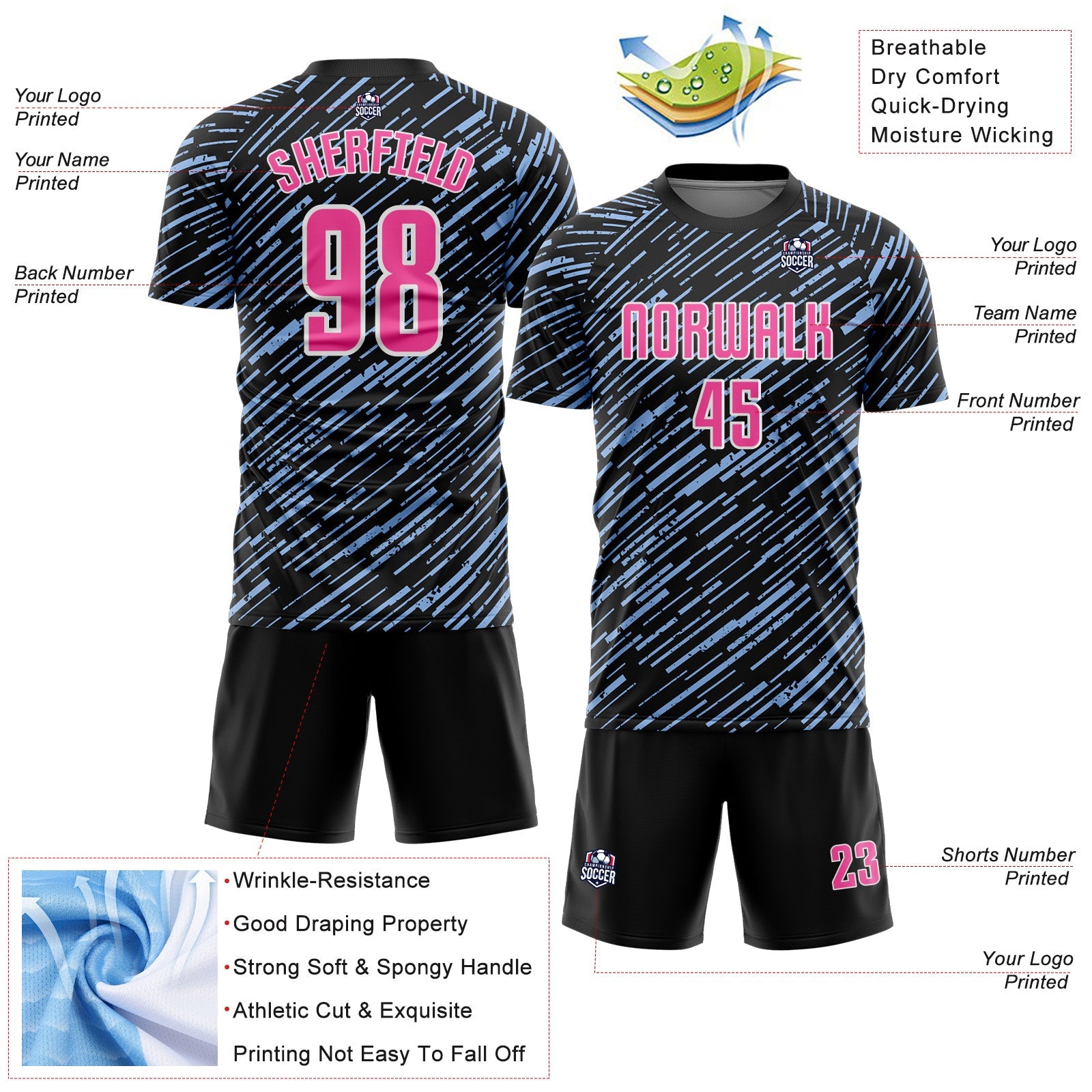 Custom Black Pink Light Blue-White Line Sports Sublimation Soccer Uniform Jersey
