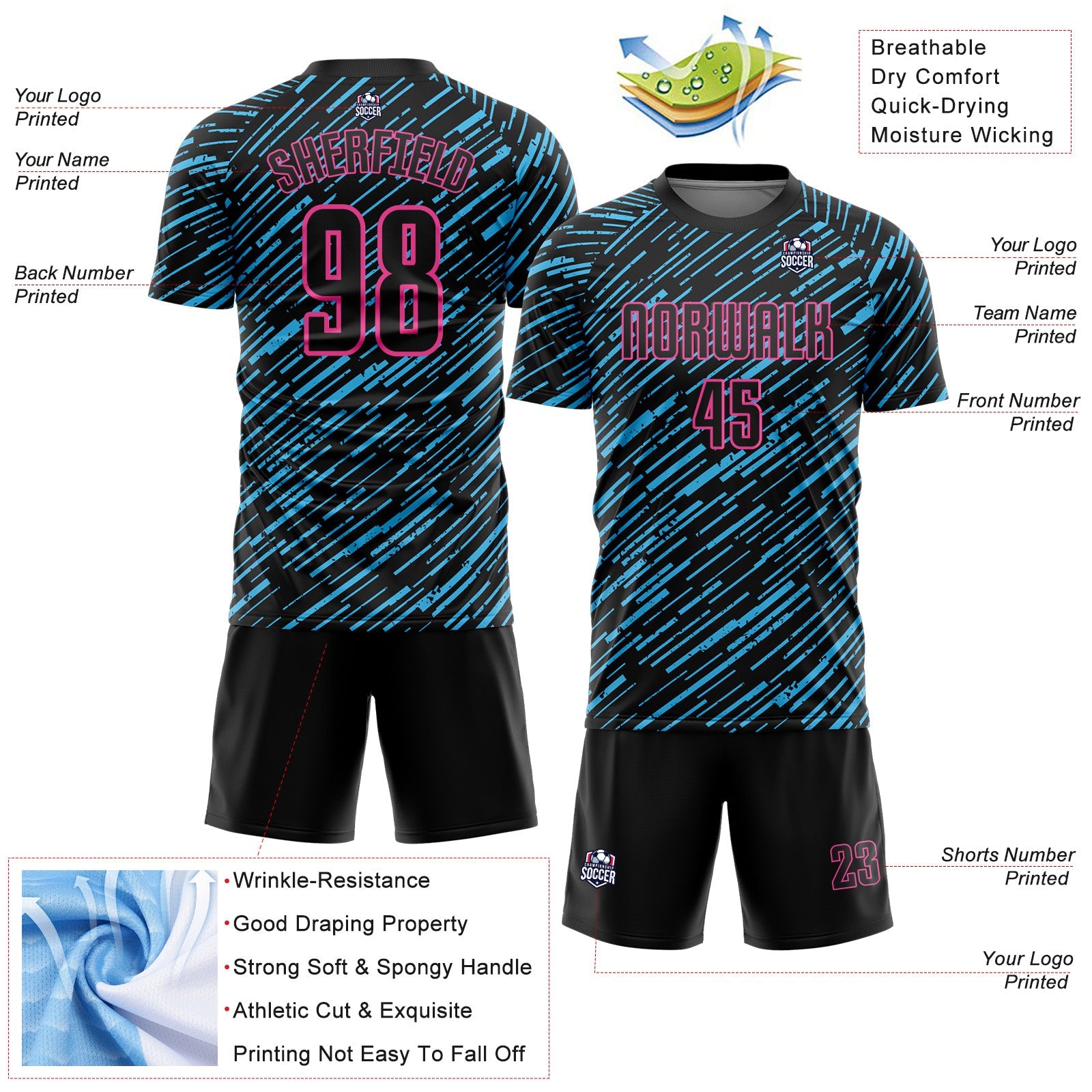 Custom Black Sky Blue-Pink Line Sports Sublimation Soccer Uniform Jersey