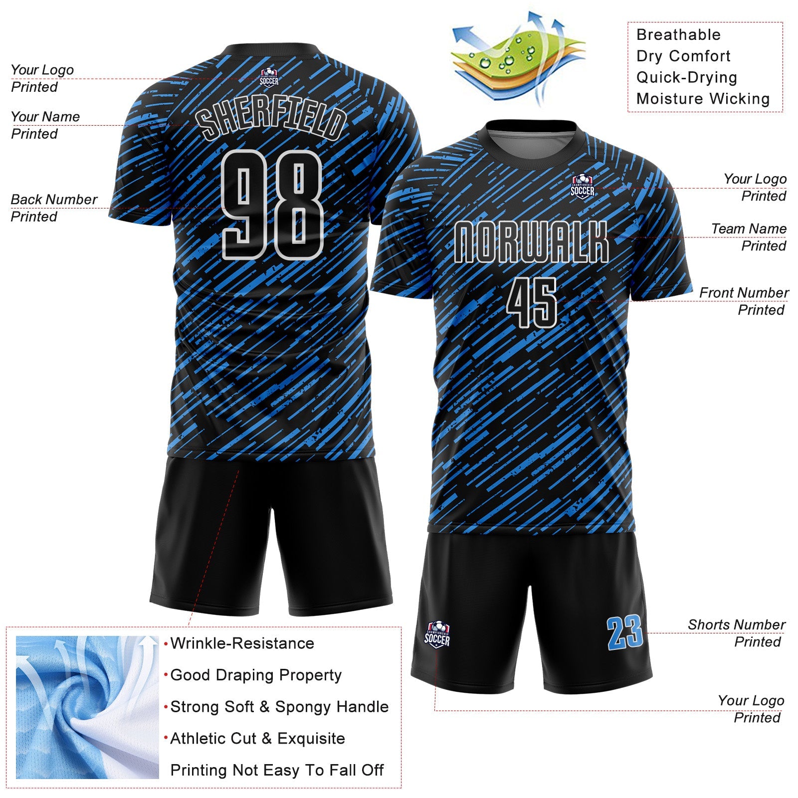 Custom Black Powder Blue-White Line Sports Sublimation Soccer Uniform Jersey