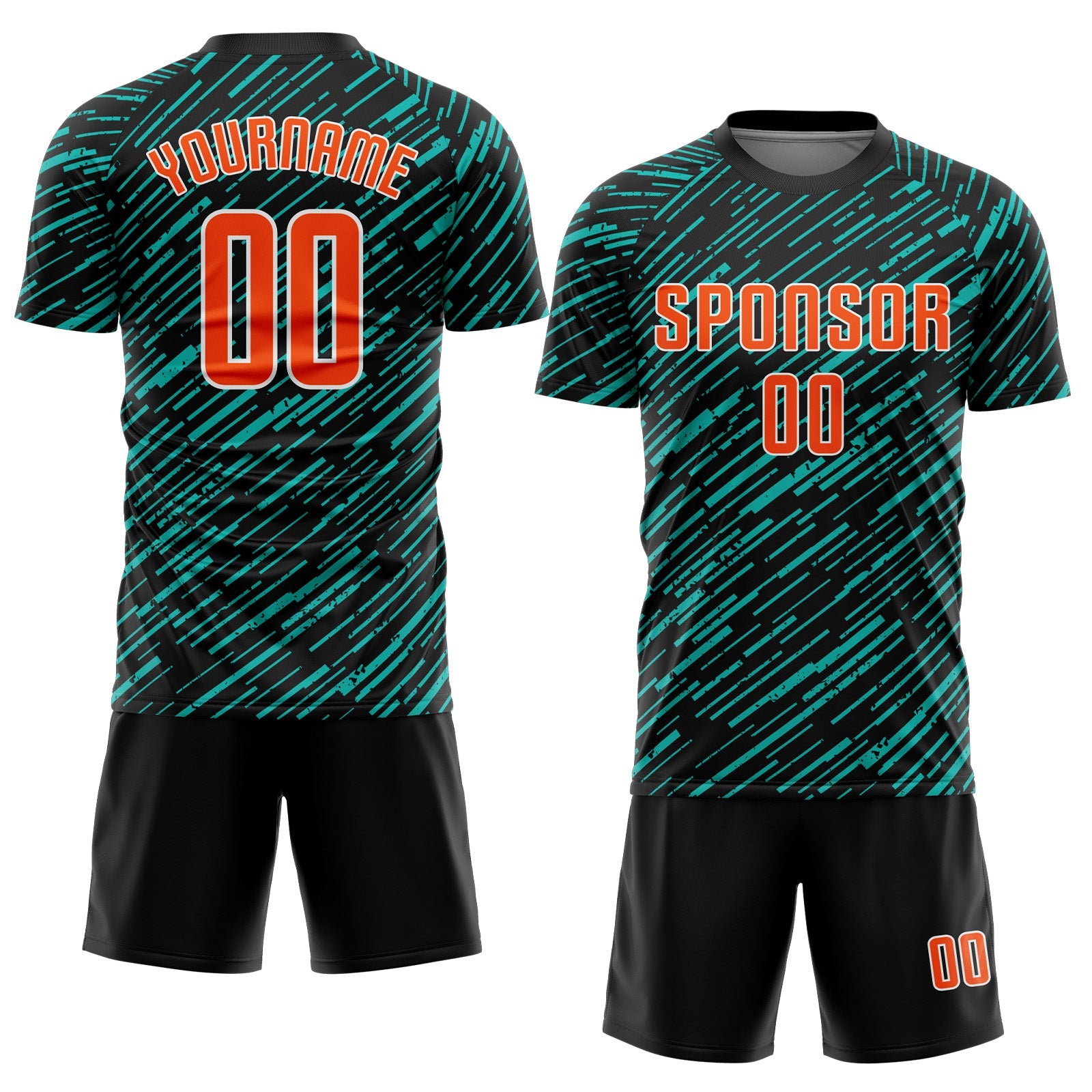 Custom Black Orange Aqua-White Line Sports Sublimation Soccer Uniform Jersey