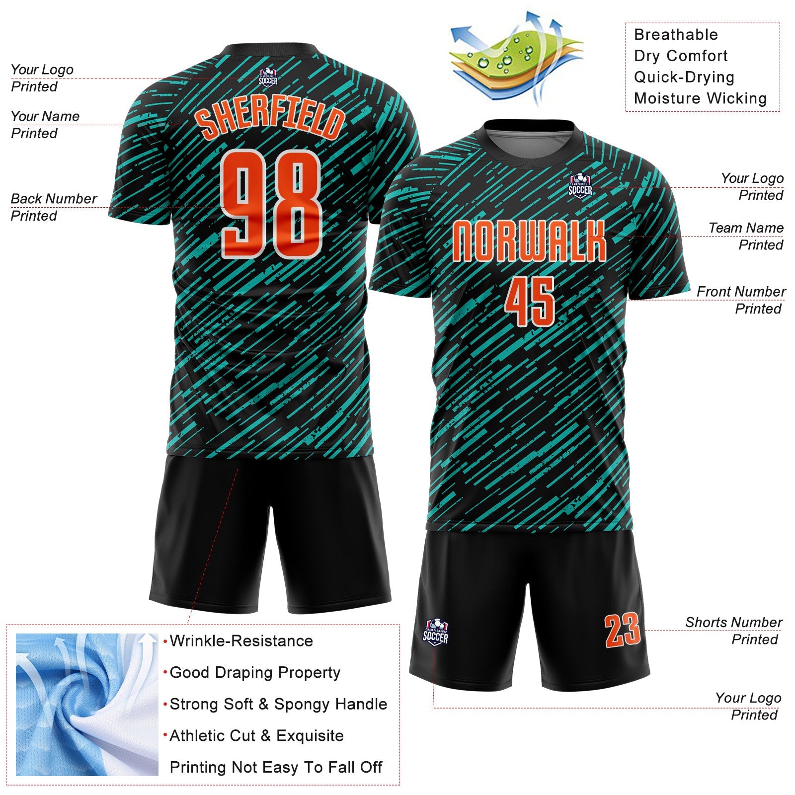 Custom Black Orange Aqua-White Line Sports Sublimation Soccer Uniform Jersey