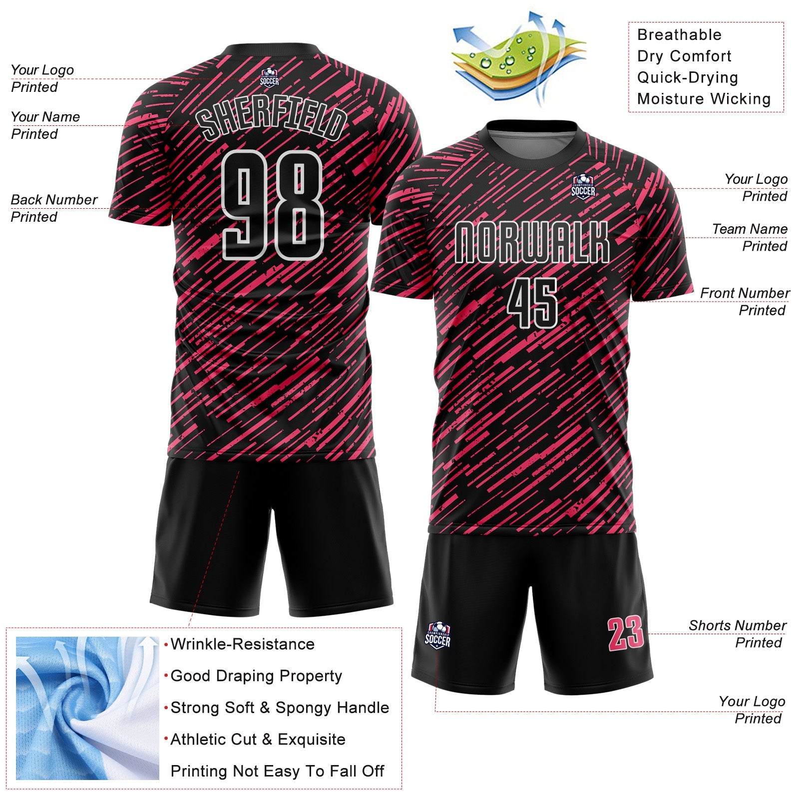 Custom Black Neon Pink-White Line Sports Sublimation Soccer Uniform Jersey