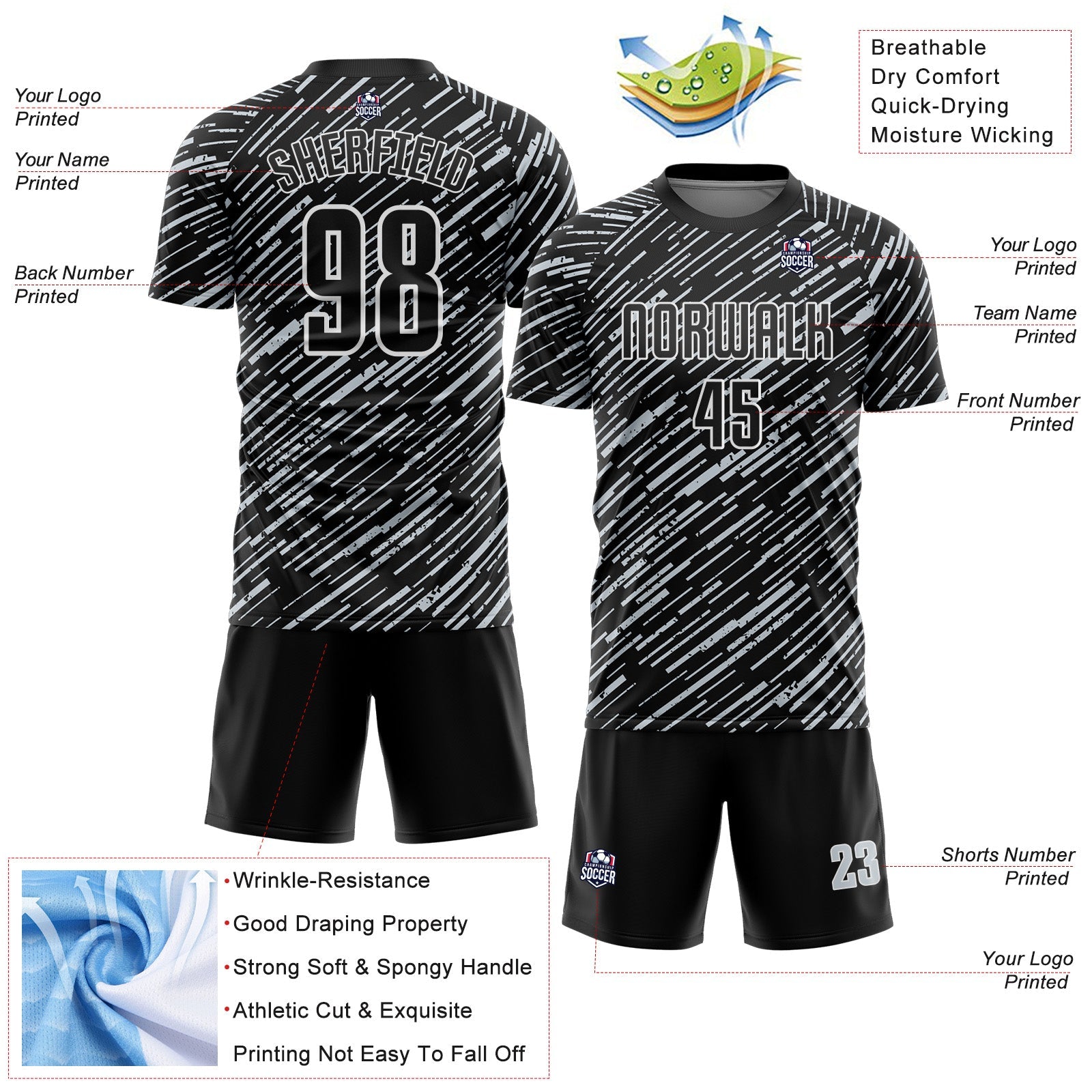 Custom Black Silver-White Line Sports Sublimation Soccer Uniform Jersey