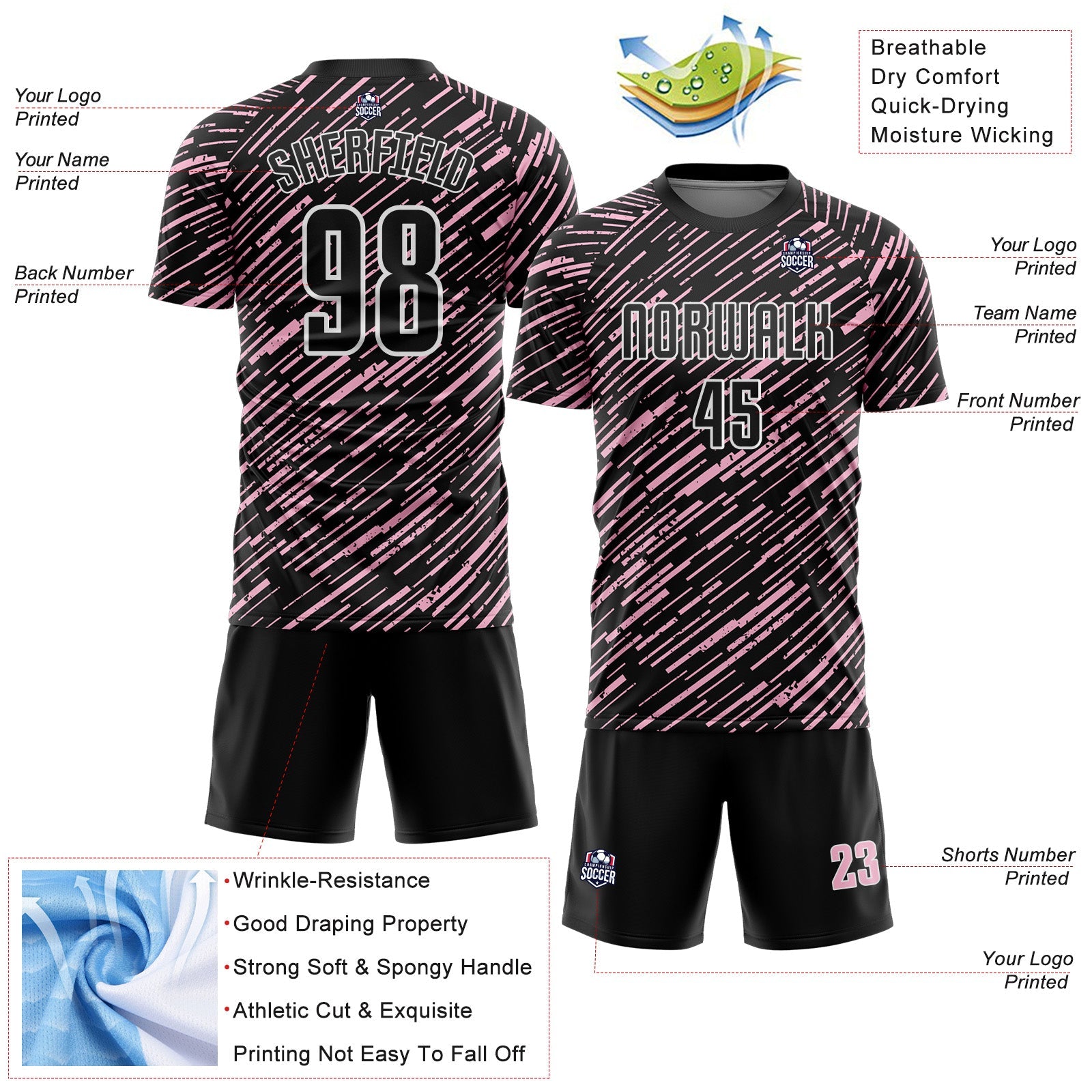 Custom Black Light Pink-White Line Sports Sublimation Soccer Uniform Jersey