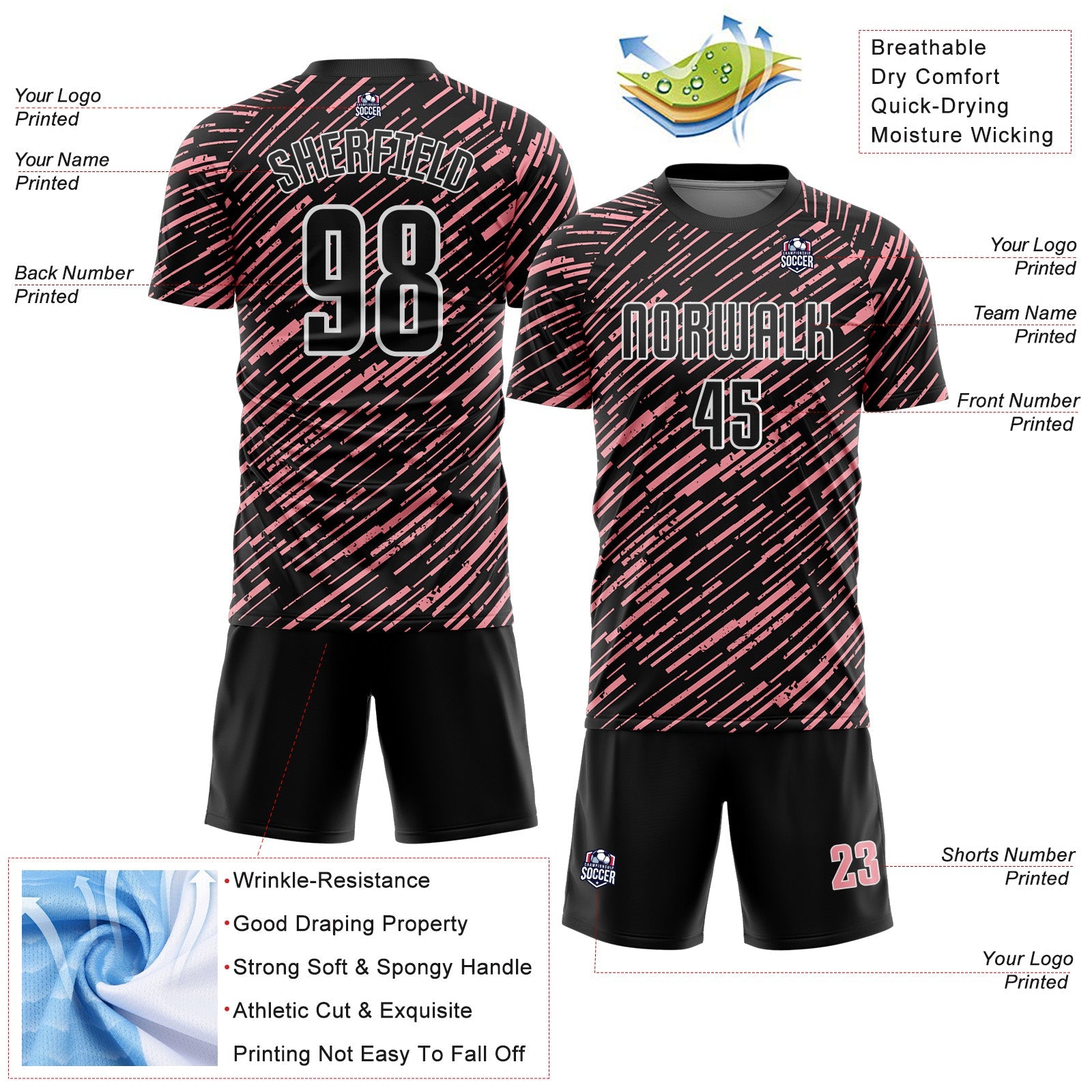 Custom Black Medium Pink-White Line Sports Sublimation Soccer Uniform Jersey
