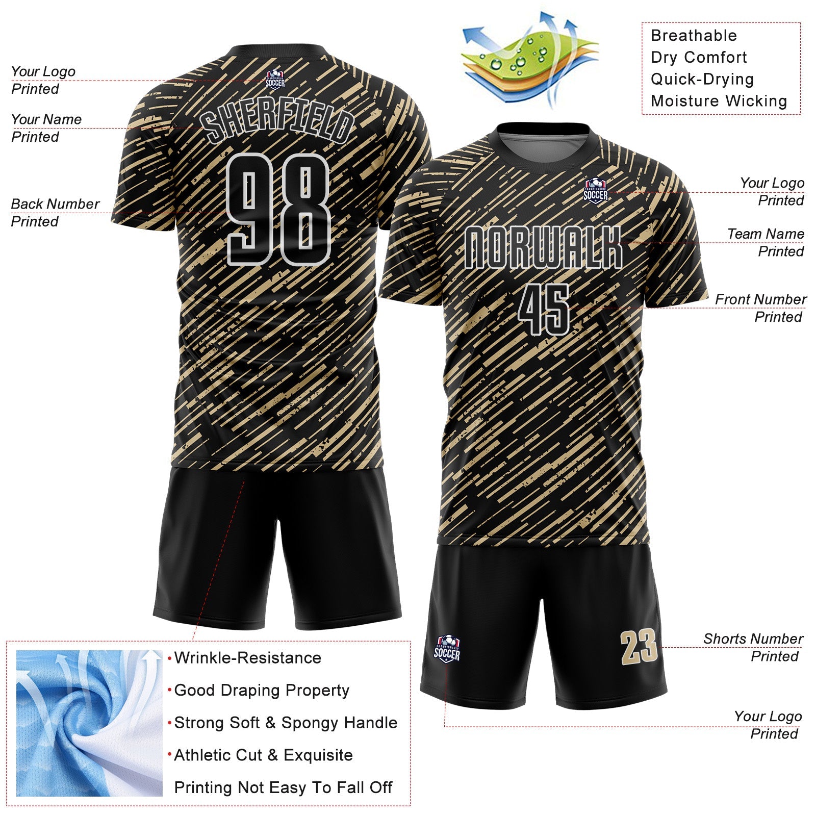 Custom Black Vegas Gold-White Line Sports Sublimation Soccer Uniform Jersey