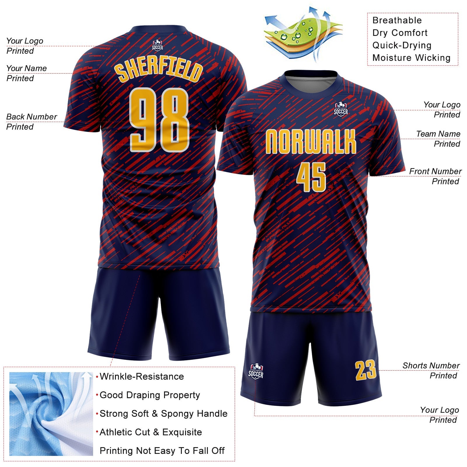 Custom Navy Gold Red-White Line Sports Sublimation Soccer Uniform Jersey