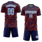 Custom Navy Light Blue Orange-White Line Sports Sublimation Soccer Uniform Jersey