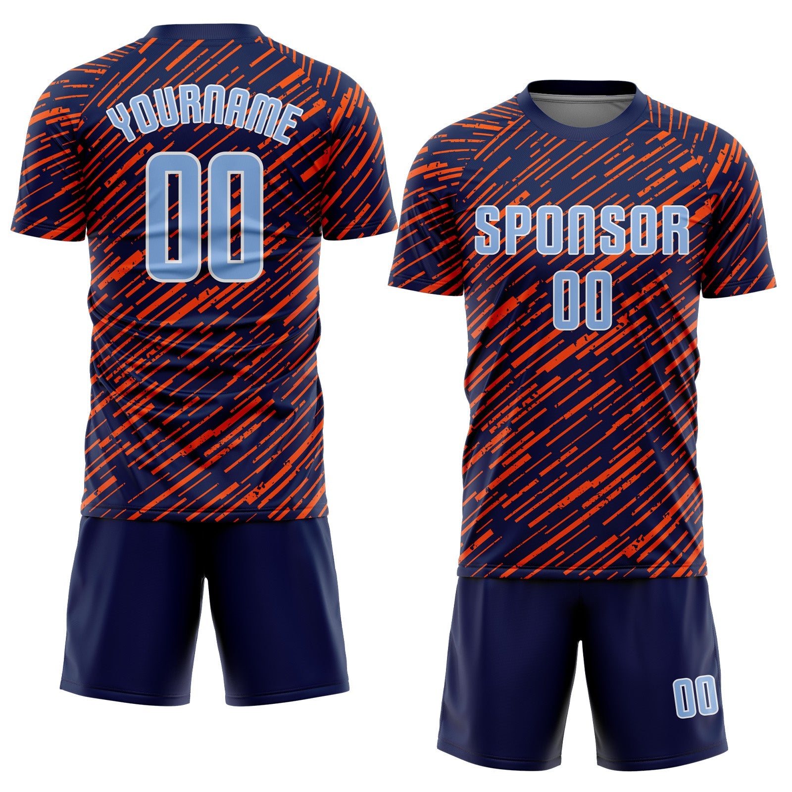 Custom Navy Light Blue Orange-White Line Sports Sublimation Soccer Uniform Jersey