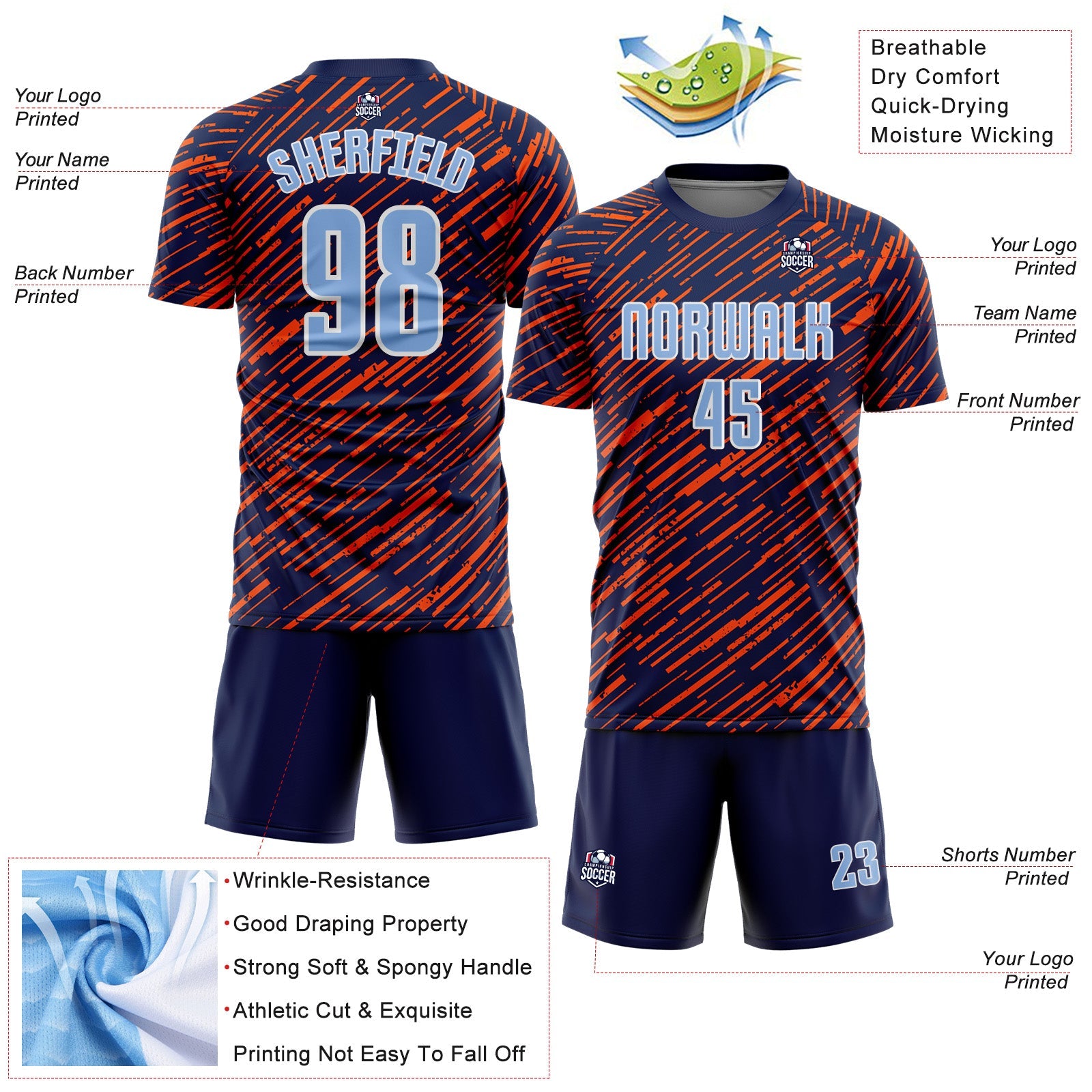 Custom Navy Light Blue Orange-White Line Sports Sublimation Soccer Uniform Jersey
