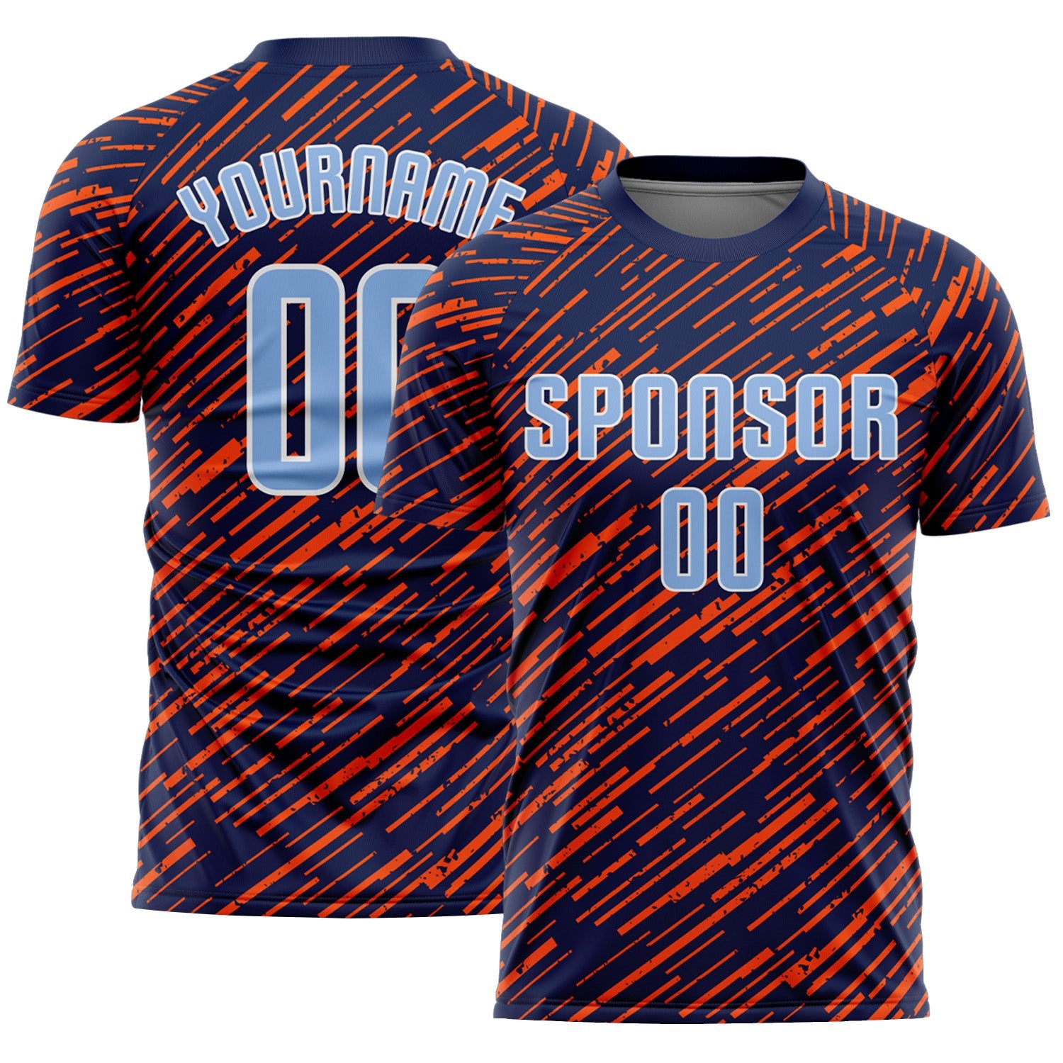 Custom Navy Light Blue Orange-White Line Sports Sublimation Soccer Uniform Jersey