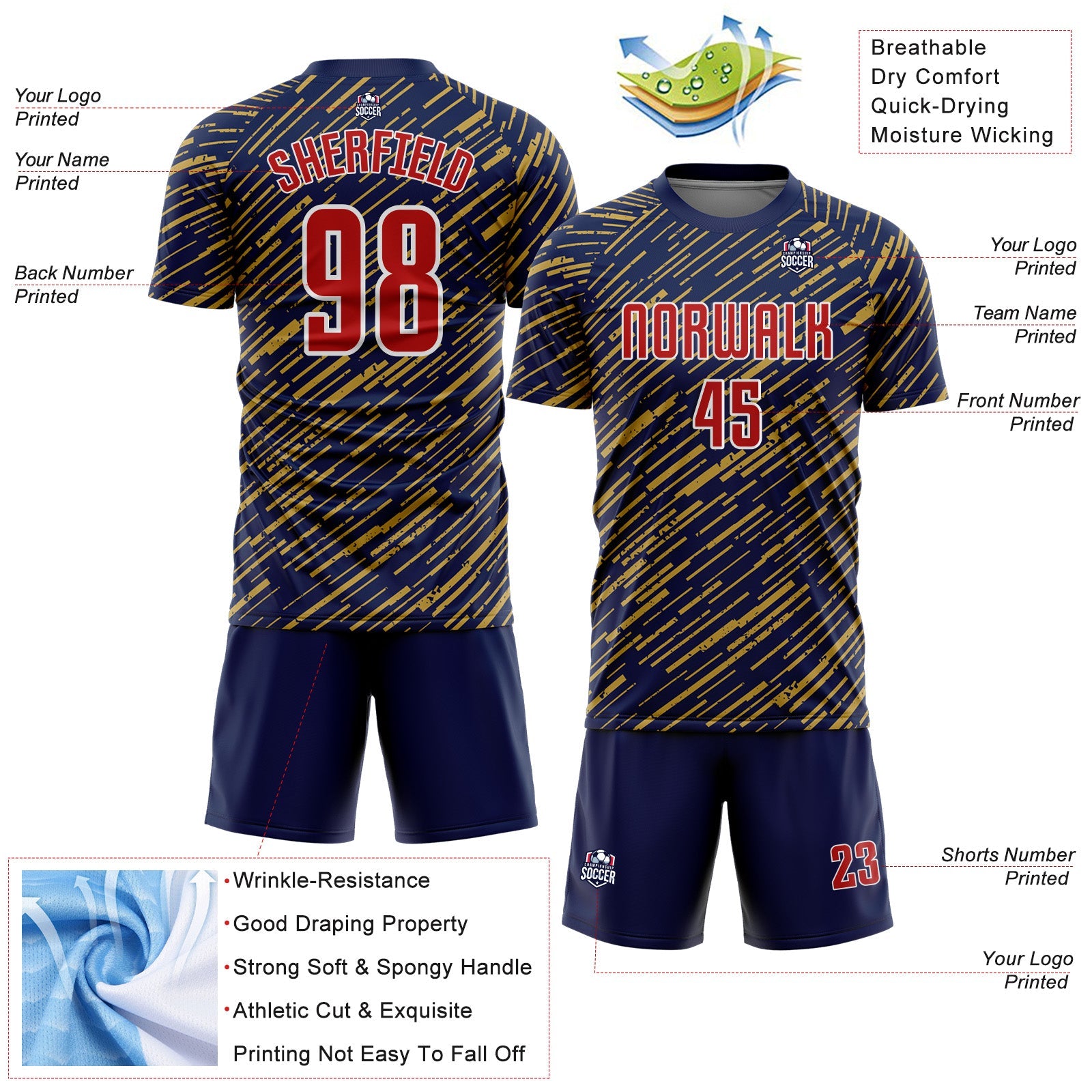 Custom Navy Red Old Gold-White Line Sports Sublimation Soccer Uniform Jersey