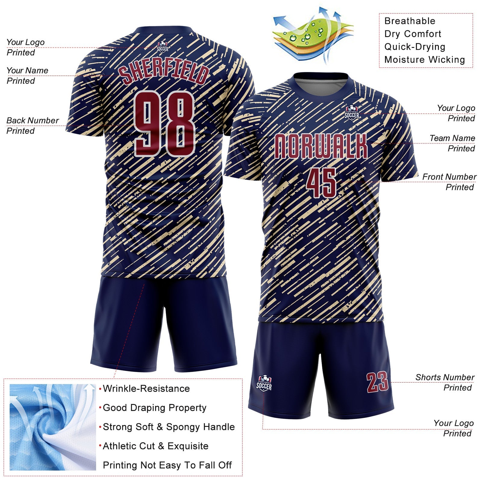 Custom Navy Crimson Cream-White Line Sports Sublimation Soccer Uniform Jersey