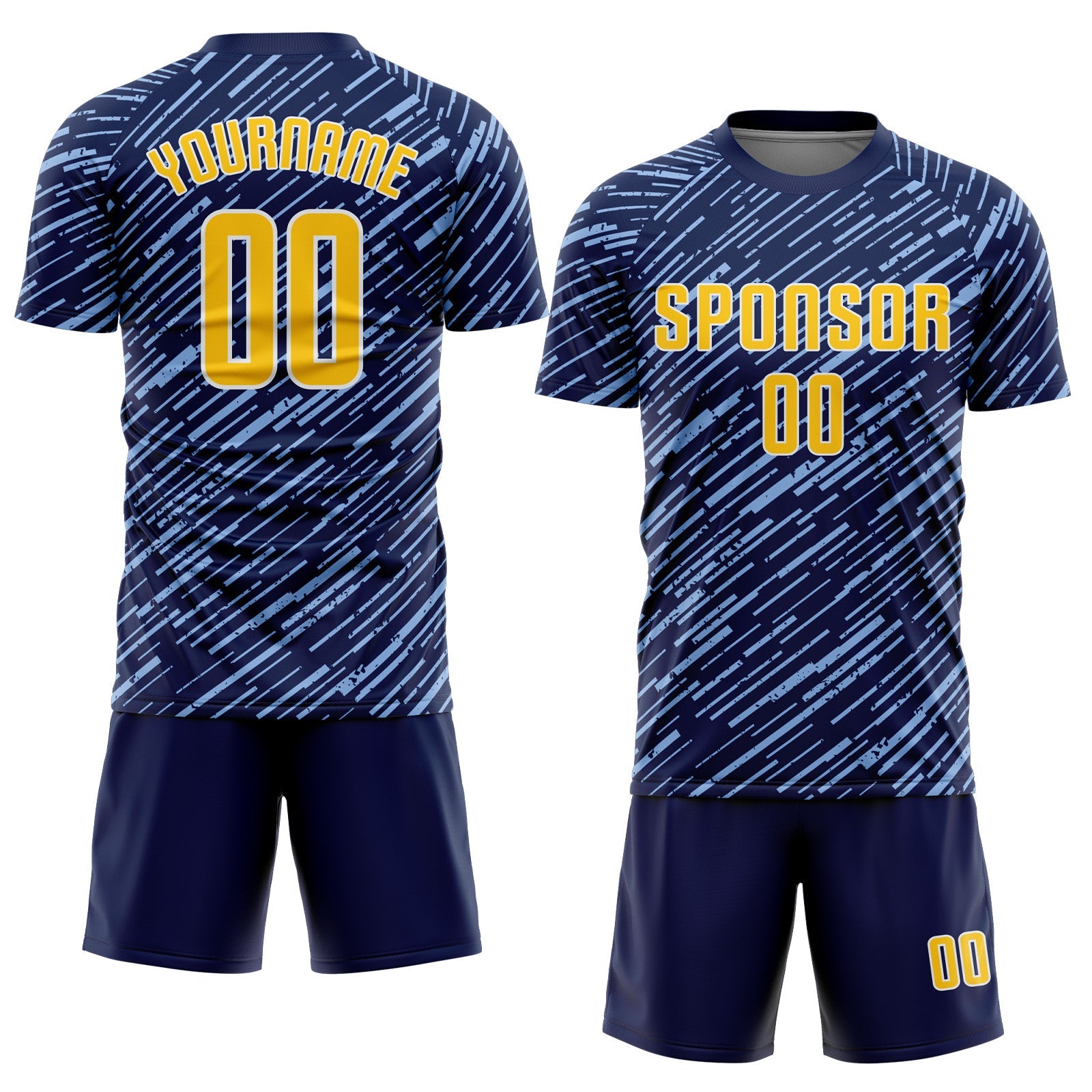 Custom Navy Yellow Light Blue-White Line Sports Sublimation Soccer Uniform Jersey