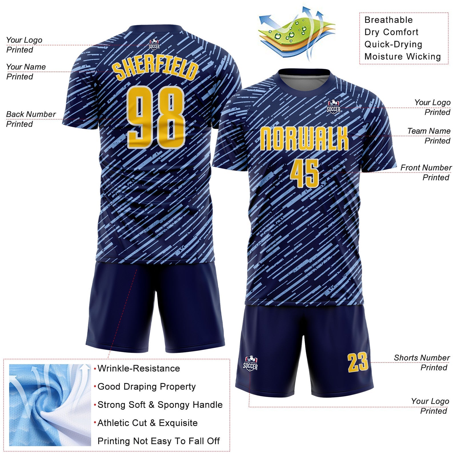 Custom Navy Yellow Light Blue-White Line Sports Sublimation Soccer Uniform Jersey