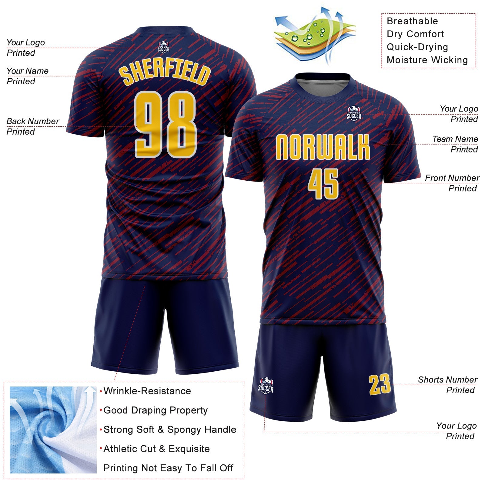 Custom Navy Yellow Crimson-White Line Sports Sublimation Soccer Uniform Jersey