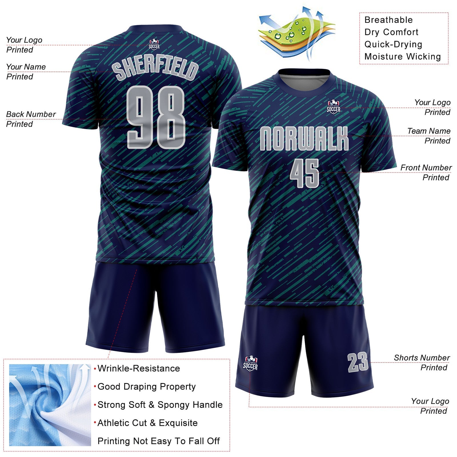 Custom Navy Gray Teal-White Line Sports Sublimation Soccer Uniform Jersey