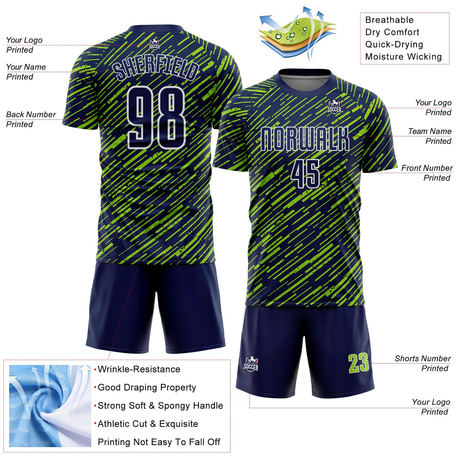 Custom Navy Neon Green-White Line Sports Sublimation Soccer Uniform Jersey