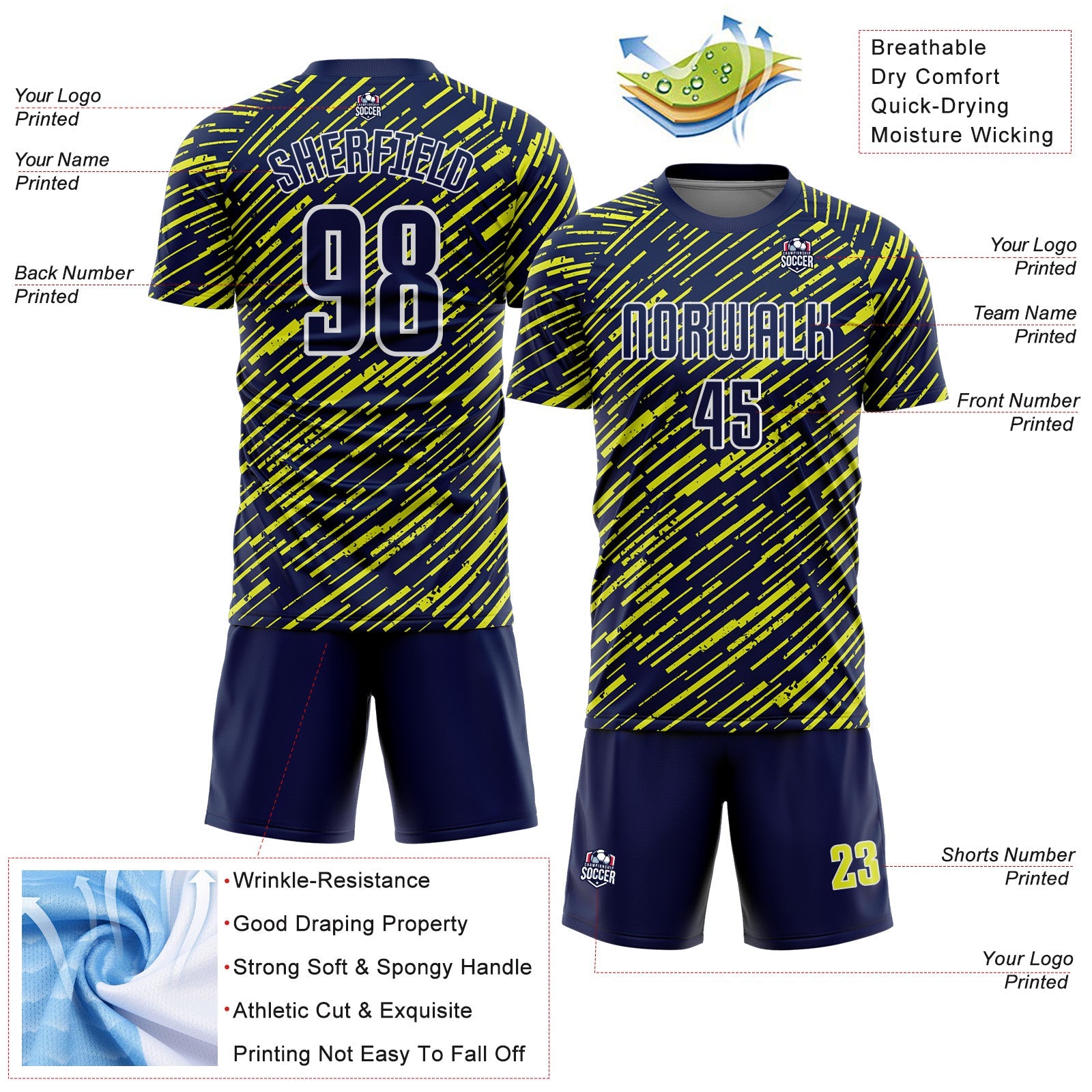 Custom Navy Neon Yellow-White Line Sports Sublimation Soccer Uniform Jersey