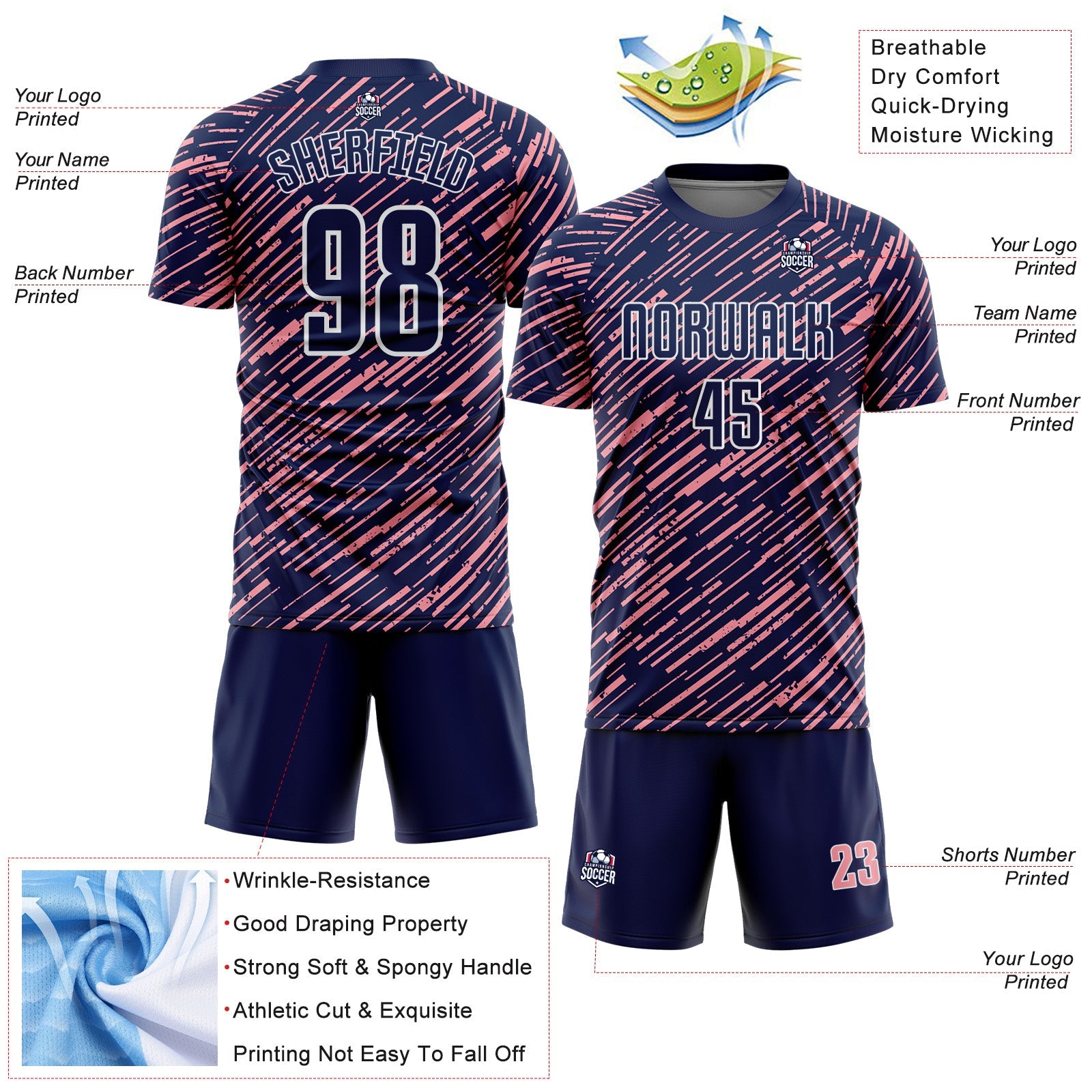 Custom Navy Medium Pink-White Line Sports Sublimation Soccer Uniform Jersey