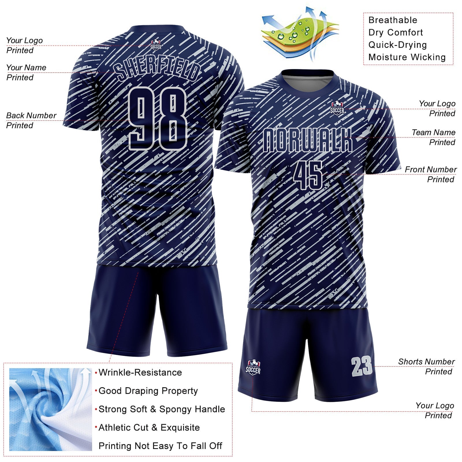 Custom Navy Silver-White Line Sports Sublimation Soccer Uniform Jersey