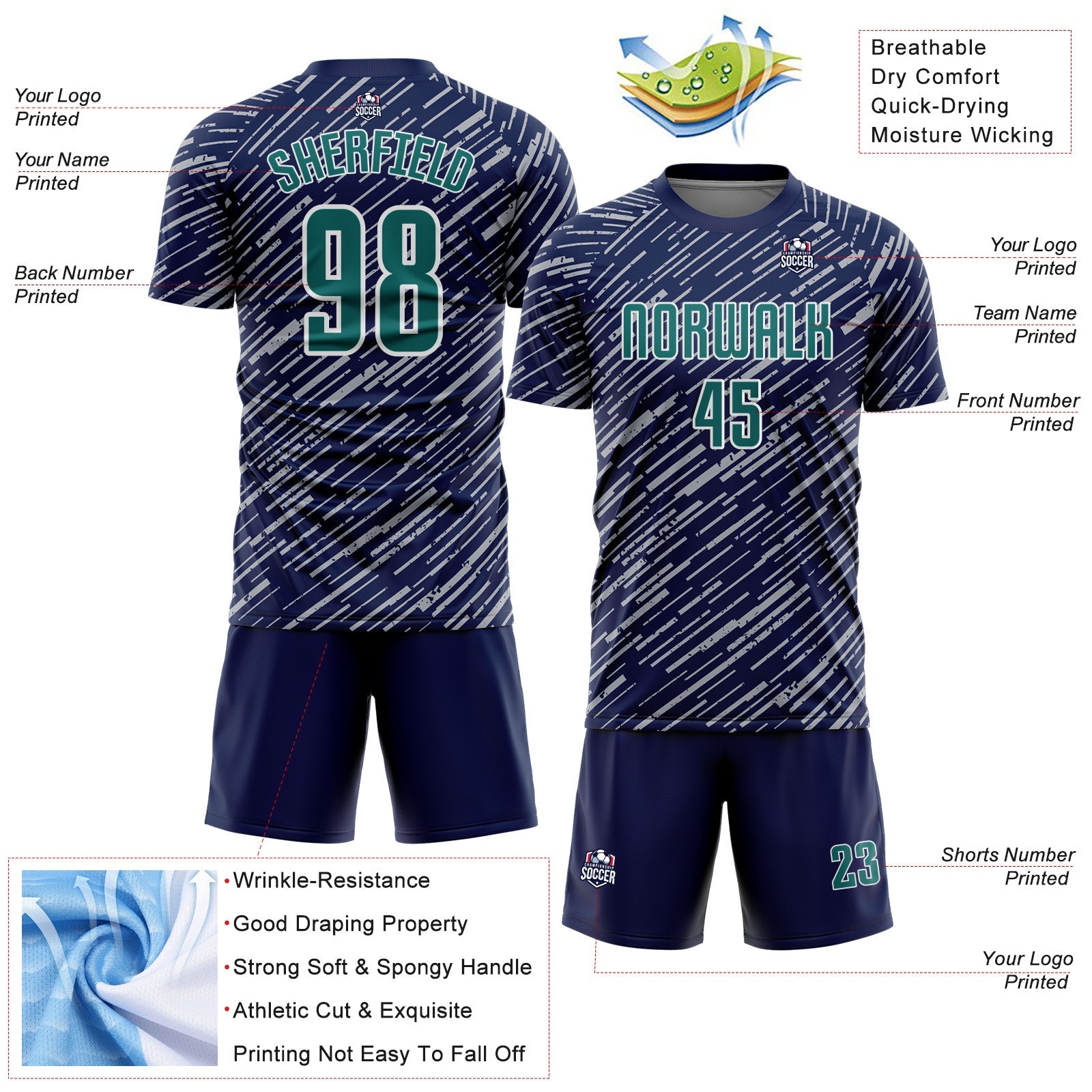 Custom Navy Teal Gray-White Line Sports Sublimation Soccer Uniform Jersey